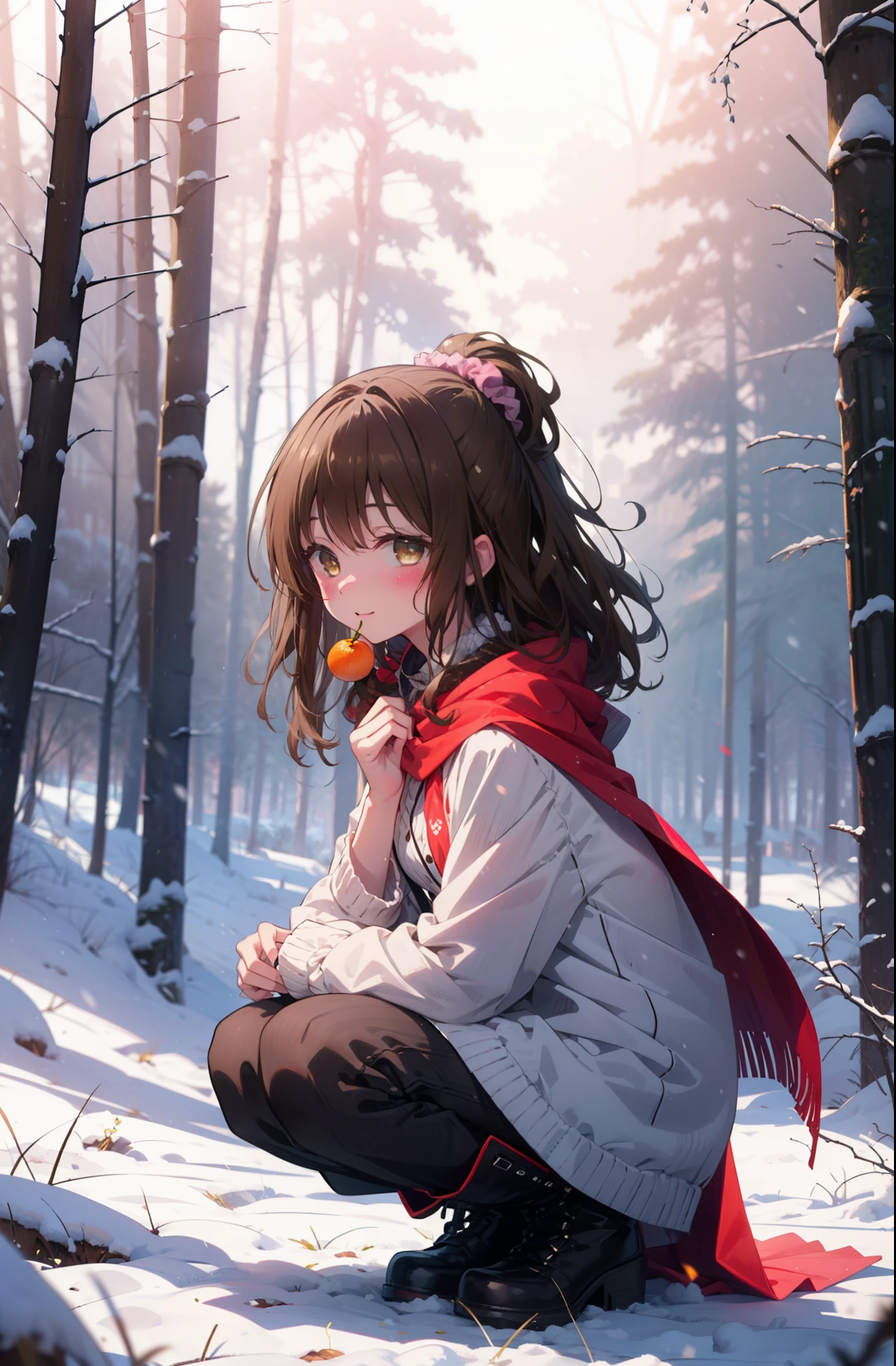 Follow Us, Yuki mandarin orange, (Brown eyes:1.5), Brown Hair, hair ornaments, hair Scrunchie, Long Hair, pink Scrunchie, Scrunchie, (Flat Chest:1.2),smile,,smile,blush,White Breath,
Open your mouth,snow,Ground bonfire, Outdoor, boots, snowing, From the side, wood, suitcase, Cape, Blurred, , forest, White handbag, nature,  Squat, Mouth closed, Cape, winter, Written boundary depth, Black shoes, red Cape break looking at viewer, Upper Body, whole body, break Outdoor, forest, nature, break (masterpiece:1.2), highest quality, High resolution, unity 8k wallpaper, (shape:0.8), (Beautiful and beautiful eyes:1.6), Highly detailed face, Perfect lighting, Highly detailed CG, (Perfect hands, Perfect Anatomy),