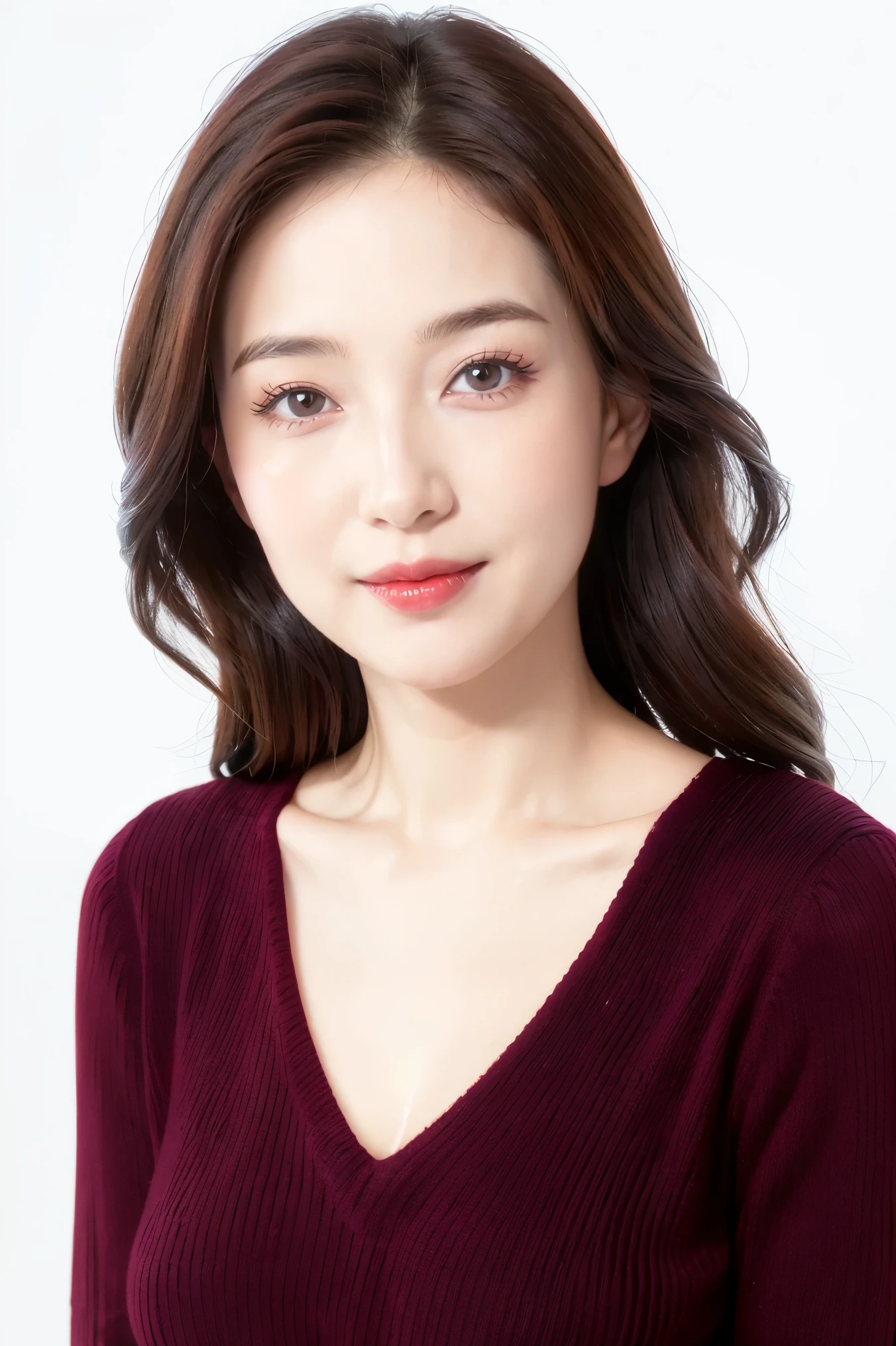 (highest quality、Tabletop、8k、Best image quality、Award-winning works)、One beautiful woman、Perfectly styled, beautiful and elegant straight long hair、(alone:1.1)、(The perfect burgundy V-neck long sleeve knit:1.5)、(Burgundy V-neck knit:1.5)、(The simplest white background:1.4)、とてもBig Breasts、Accentuate your body lines、Beautiful and exquisite、look at me、(Perfect Makeup:1.1)、Bright lipstick、Ultra-high definition beauty face、Ultra HD Hair、Ultra HD Shining Eyes、Ultra High Resolution Perfect Teeth、Super high quality glossy lip、Accurate anatomy、Very beautiful skin、Glowing skin in ultra-high resolution、Elegant upright posture when viewed from the front、(very bright and vivid:1.2)、(Slender body:1.2)、(slender and beautiful face:1.1)、(Cleavage:1.1)、(Big Breasts:1.1)、Shiny, Bright lipstick、(Face close-up:1.2)、(50 year old beauty:1.3)、Wrinkled face、Facing forward、clavicle