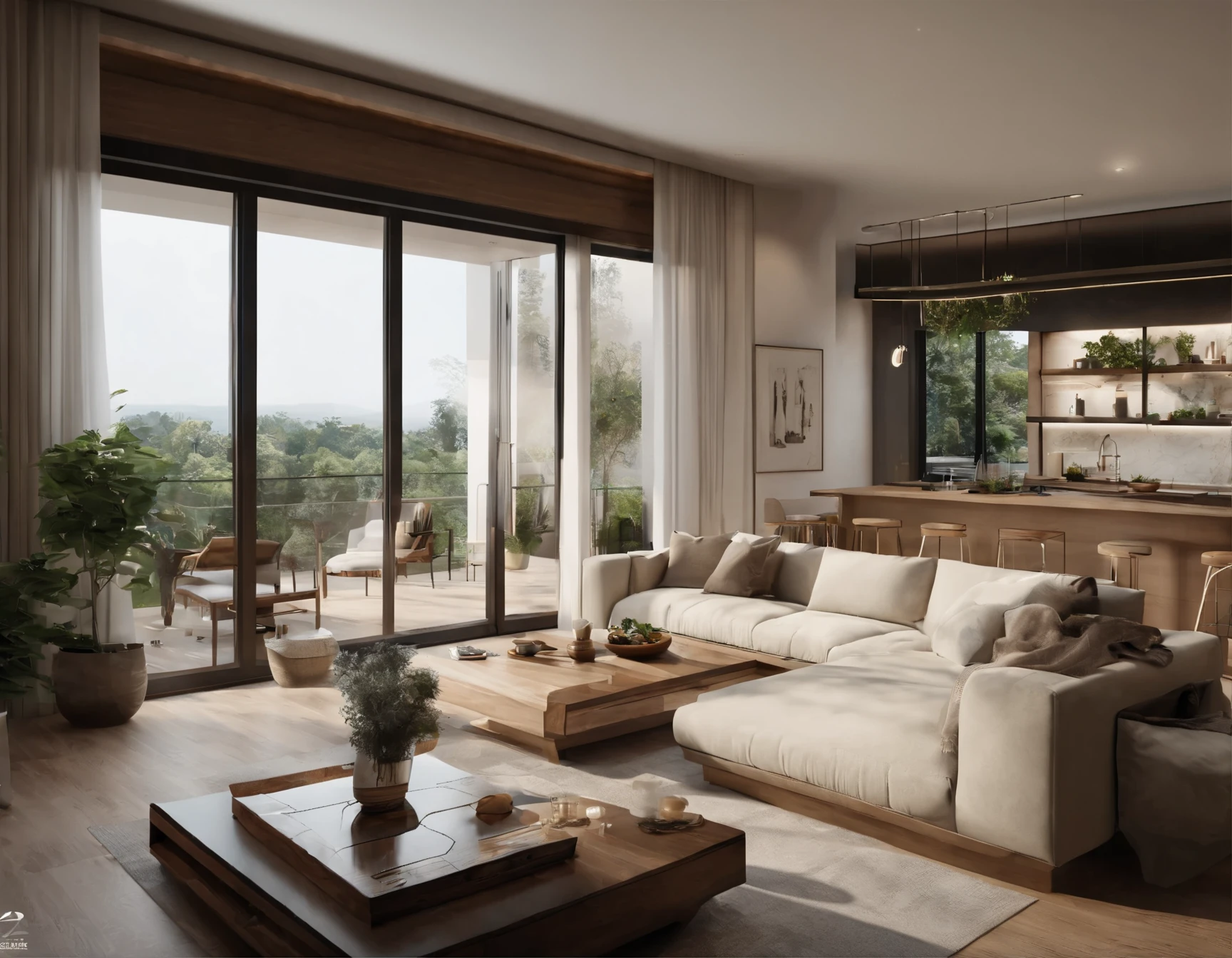 Spacious and comfortable living room,View of the kitchen with island, (((best quality))), (((Super detailed))), (((masterpiece))), Large wooden windows,Natural Lighting, Beige sofa, Wooden table, Vase plants, Modern minimalist design, Super real photos, masterpiece, Very detailed, number, best quality, high resolution, Detailed work, Post-Processing, Creative studio, Promotional architectural photos