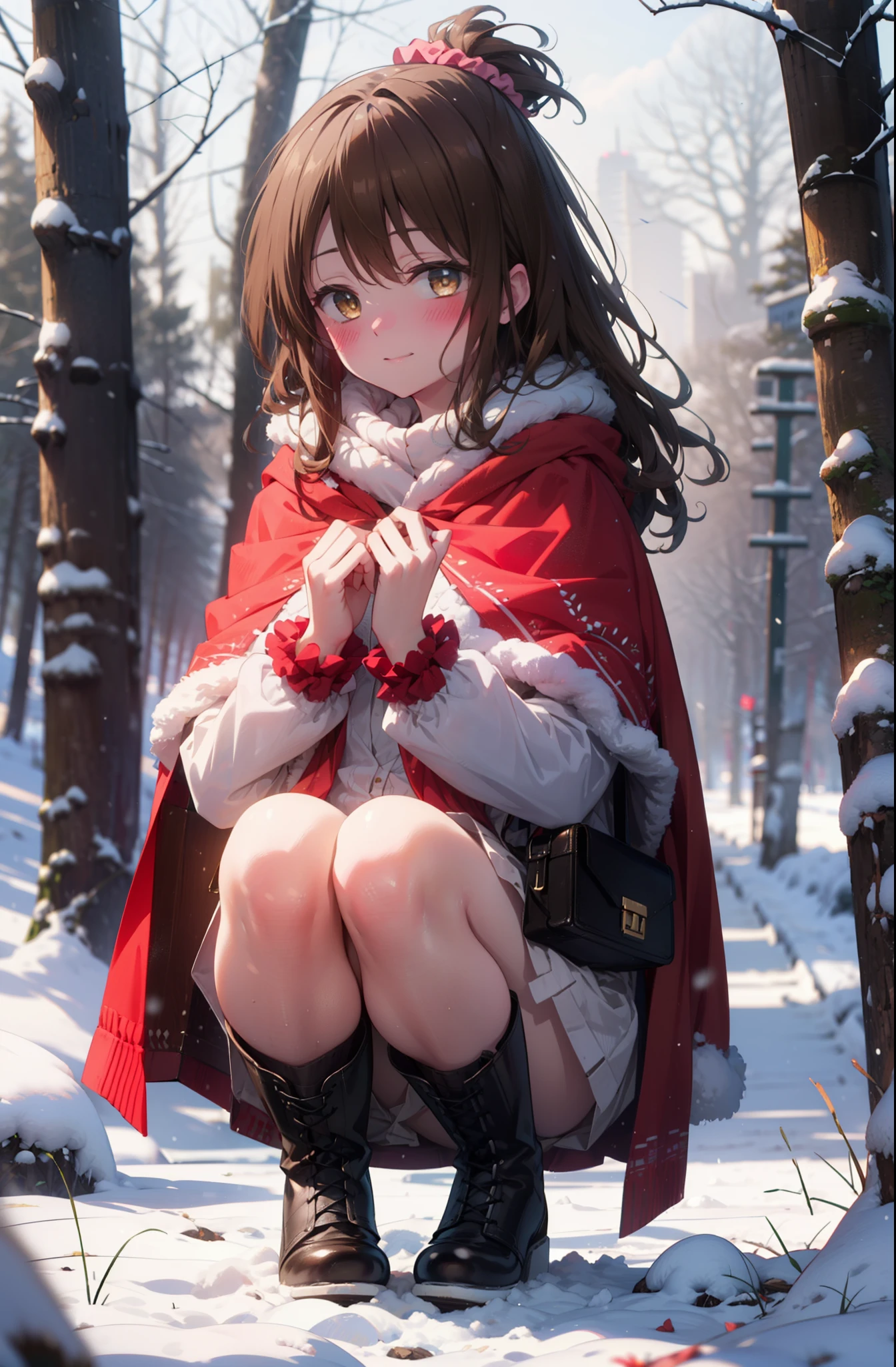 Follow Us, Yuki mandarin orange, (Brown eyes:1.5), Brown Hair, hair ornaments, hair Scrunchie, Long Hair, pink Scrunchie, Scrunchie, (Flat Chest:1.2),smile,,smile,blush,White Breath,
Open your mouth,snow,Ground bonfire, Outdoor, boots, snowing, From the side, wood, suitcase, Cape, Blurred, , forest, White handbag, nature, Squat, Mouth closed, Cape, winter, Written boundary depth, Black shoes, red Cape break looking at viewer, Upper Body, whole body, break Outdoor, forest, nature, break (masterpiece:1.2), highest quality, High resolution, unity 8k wallpaper, (shape:0.8), (Beautiful and beautiful eyes:1.6), Highly detailed face, Perfect lighting, Highly detailed CG, (Perfect hands, Perfect Anatomy),