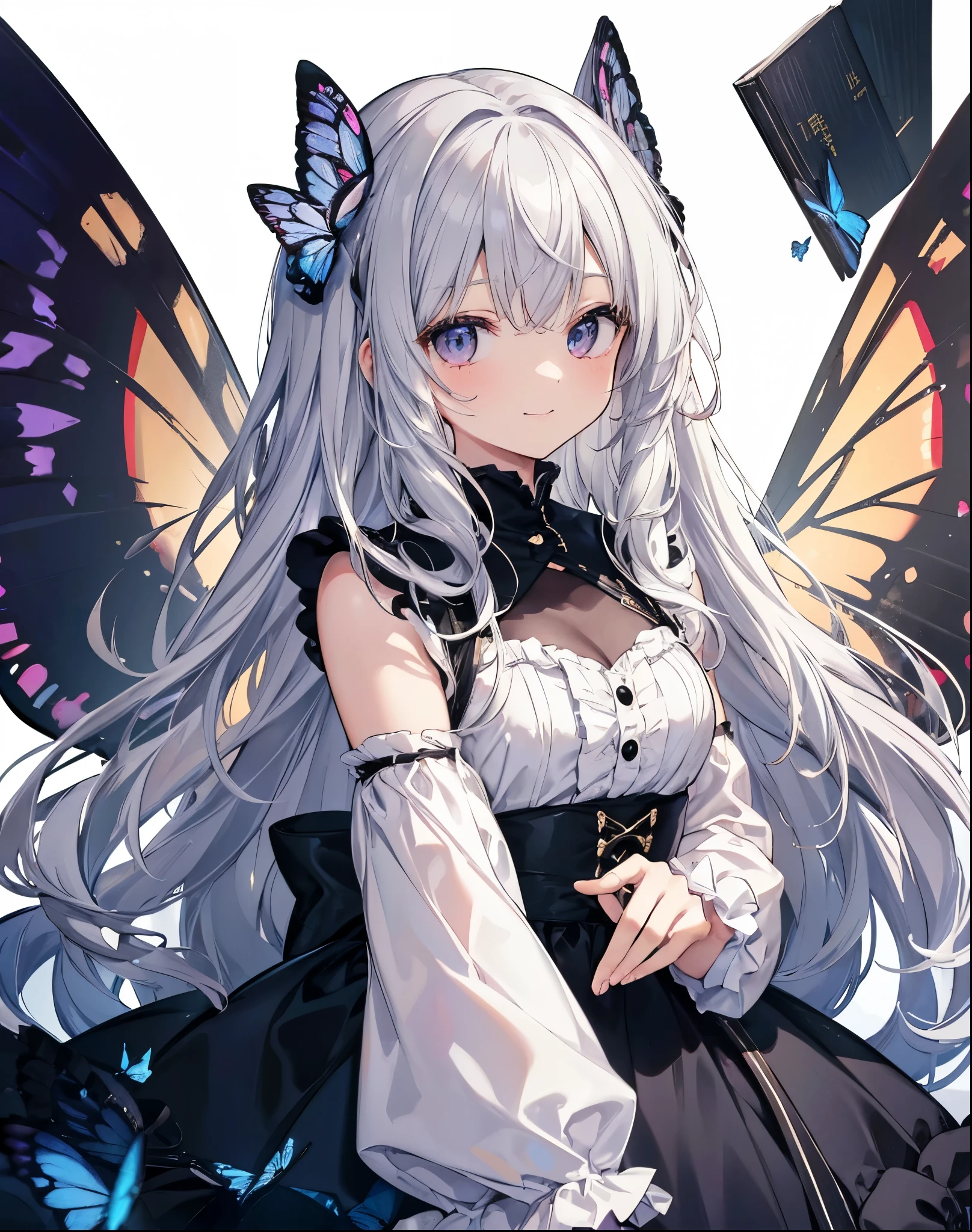 No background、Background white、High resolution、FHD、high resolution、High chroma、High again、Black and White、Line art、anime、Retro、Antique、collage、girl、Gray Hair、Long Hair、Curly long hair、Light color、one piece、Frills、Sparkle in the eyes、highlight、smile、cute、whole body、No cuts in sight、I can't see it、Refers to 5 books、Life-size、butterfly々、It has wings、No background、Background white