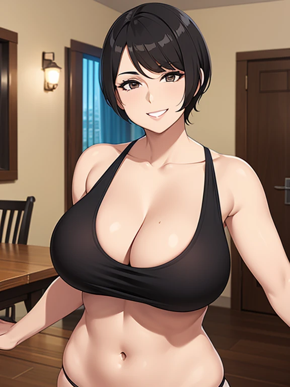 sexy woman, mature milf, huge breasts, large breasts, curvy, voluptuous, black hair (side bangs), brown eyes, tomboy pixie cut hairstyle, tanktop (neckline, navel and stomach), thong, grinning, dynamic pose, solo focus, dinning room, house interior, indoor