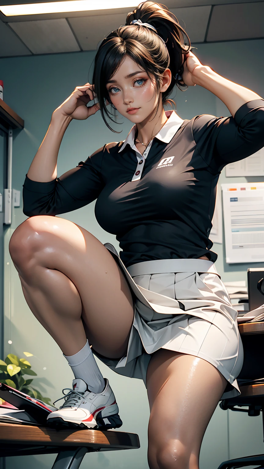 Beautiful Japanese woman in golf wear, Real person, Detailed body, squat, Live Action, Skirt flip, office lady