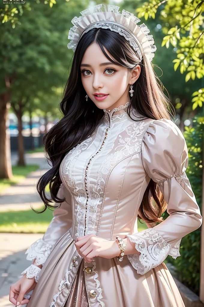 sexy stylish female model, only 1 female, ((doll-like appearance)), ((ultra detailed Victorian-Style boots)), (big smile), ultra detailed eyes, lipgloss, long lashes, defined eyebrows, ((sexy Paradise Kiss cosplay)), bell-shaped skirt, petticoats, high neckline, puffed sleeves, (( ultra detailed lace)), ((ultra detailed embroidery)), intricate details, Paradise Kiss accessoires and matching headpiece, choker, ((large sparkling Paradise Kiss jewelry)), cinematic light, detailed large park background with trees