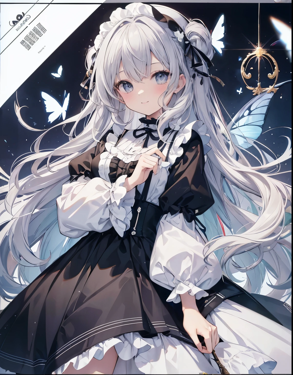 No background、Background white、High resolution、FHD、high resolution、High chroma、High again、Line art、anime、Retro、Antique、collage、girl､Gray Hair、Long Hair、Curly long hair、Light color、one piece、Frills、Sparkle in the eyes、highlight、smile、cute、whole body、No cuts in sight、I can't see it、Refers to 5 books、Life-size､butterfly々、It has wings、No background、Background white