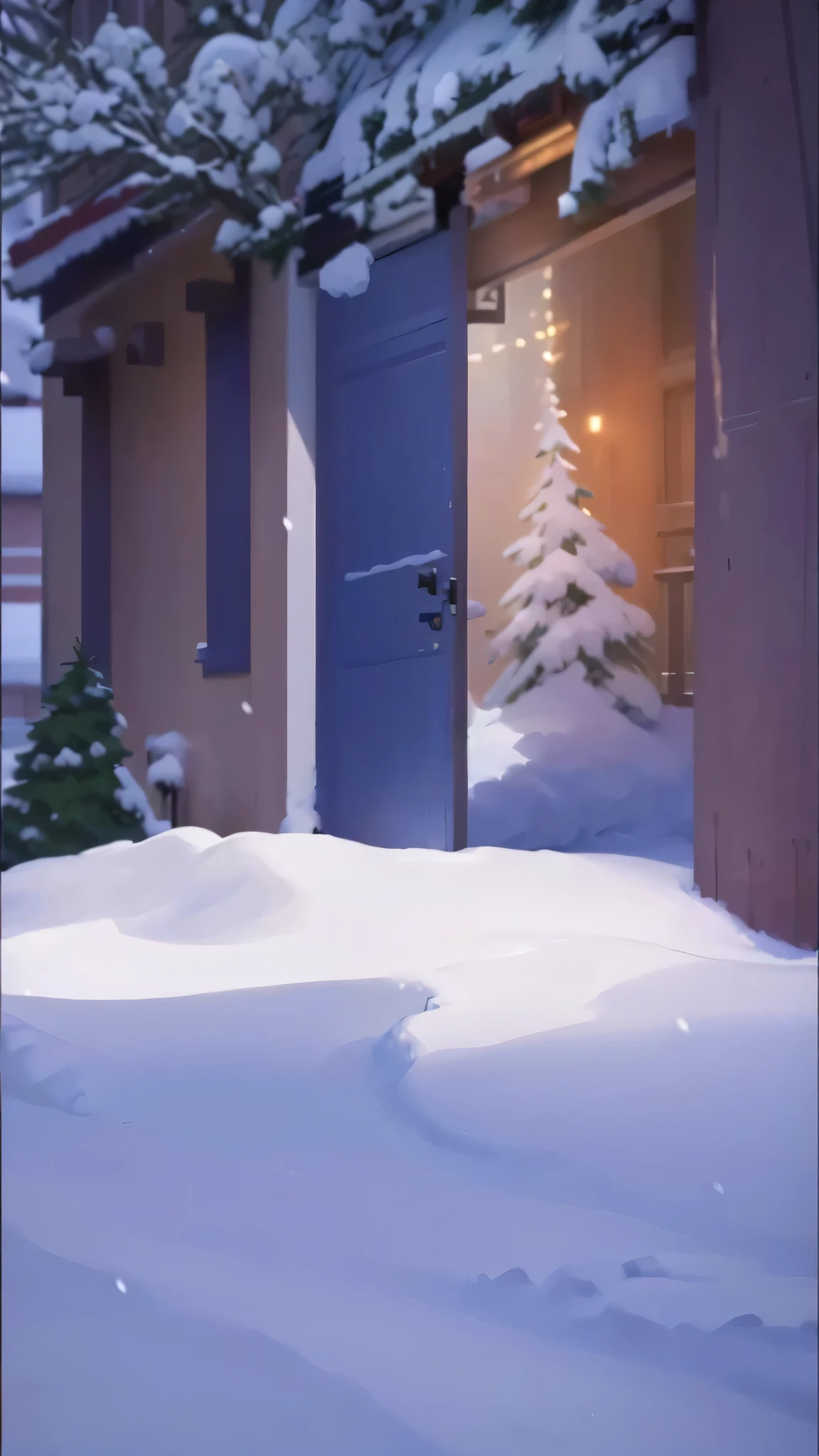 There is a snow-covered street,Street with buildings and trees, Random background scenes, Low Detail. numberpainting, a number, Background Image, Painting in an anime artist studio, House background, Some background blur, Winter concept art, background technology, Produced in collaboration with Anime Painter Studio, Blurred dreamy illustration, Snowy winter Christmas Eve, Glowing lights! number, It's snowing outside