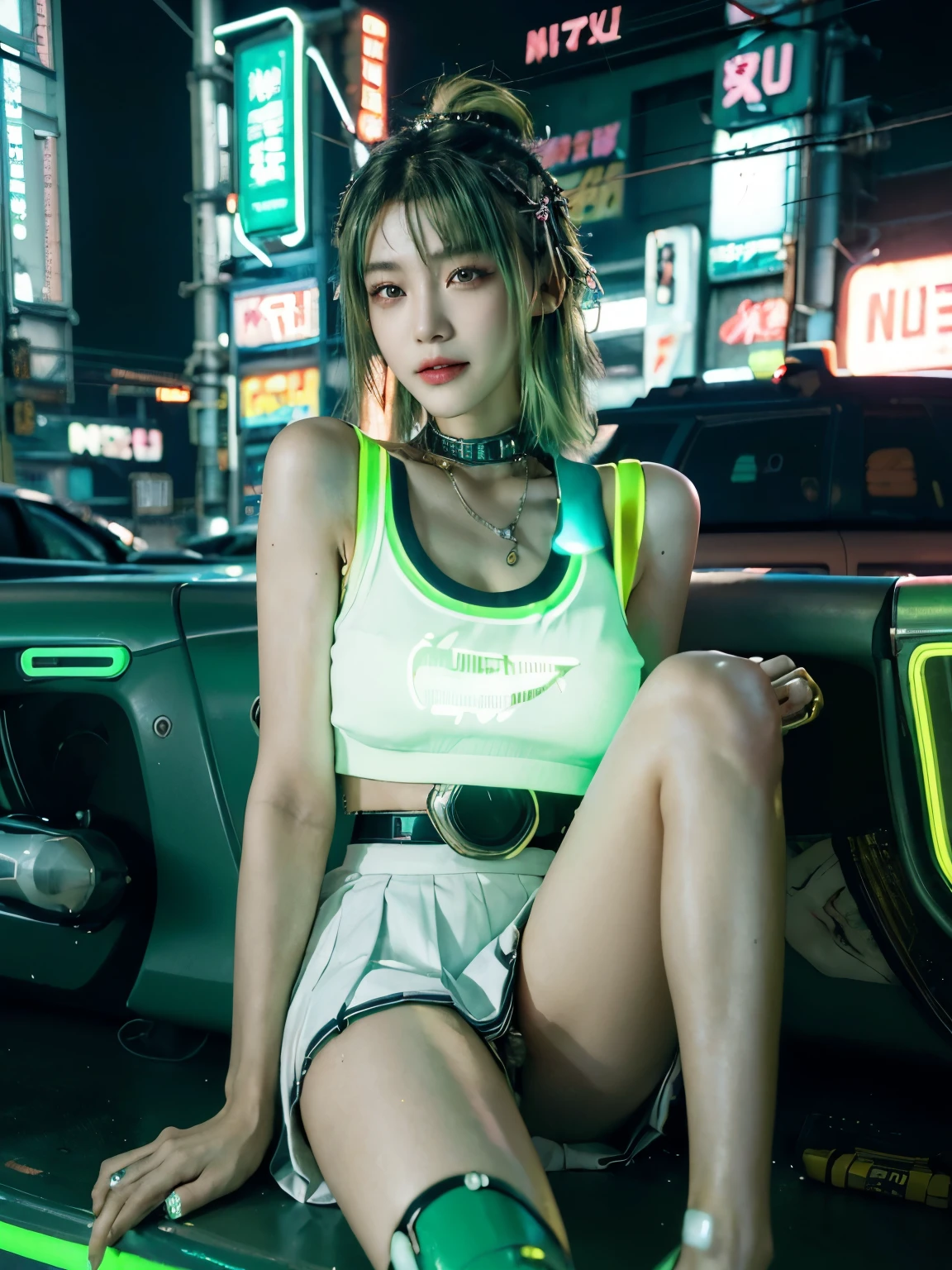 (((cyberpunk world))), (masterpiece, of the highest quality, Best Quality, Official art, Beautiful and aesthetic:1.2), (1 girl:1.4), 16 years old, super short cut hair, (green hair:1.4), (highly detailed:1.3), (Colorful:1.5), (mechanical modification:1.3), (high school girl:1.3), white skin, (Fox eyes:1.2), Japanese girl, (neon background:1.4), (neon city:1.75), night, large breasts, (high school uniform:1.5), Glossy lips, Glamorous figure, pleated skirt, tank top, Beautiful collarbone, beautiful thigh, Beautiful legs, barefoot, high-heels, makeup, (cyberpunk:1.4), (looking at viewer:1.3), colossal tits, Detailed skin texture, Detailed cloth texture, smile, open mouth, Beautiful detailed face, Intricate details, Ultra detailed
