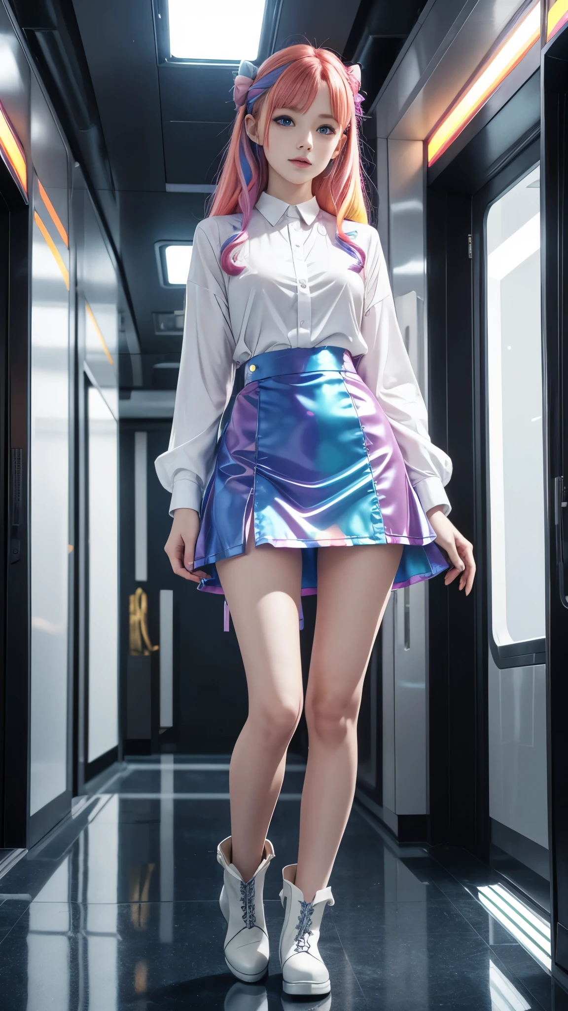 cute redhead, Idol carving, With rainbow colored hair tips, ribbon in her hair, 18 year old female, Happy, Double tail, Perfectly symmetrical eyes, clear shining blue eyes, Pale skin, Skin is silky smooth, Standing on a luxurious spaceship, Large futuristic corridor, control Panel, Wood moldings, Decorative plants, Warm lighting, Wearing a futuristic dress, Wrinkles (shirt) mini skirt (Soft rainbow colors, and dots), Wearing full body pantyhose, Cute short ankle boots.