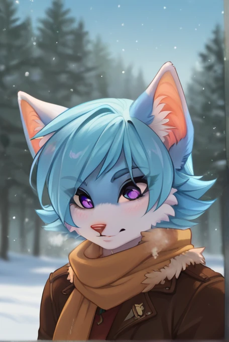 score_9, score_8_up, score_7_up, score_6_up, score_5_up, score_4_up,outdoors, snow, blue sky, light particles, (depth of field:1.2),  BREAK
vikna, 1girl, purple eyes, furry, blue fur, blue hair BREAK
brown jacket, fur trim, scarf, portrait, close-up color blanca con un collar de la lujuria llamada mina Roswell