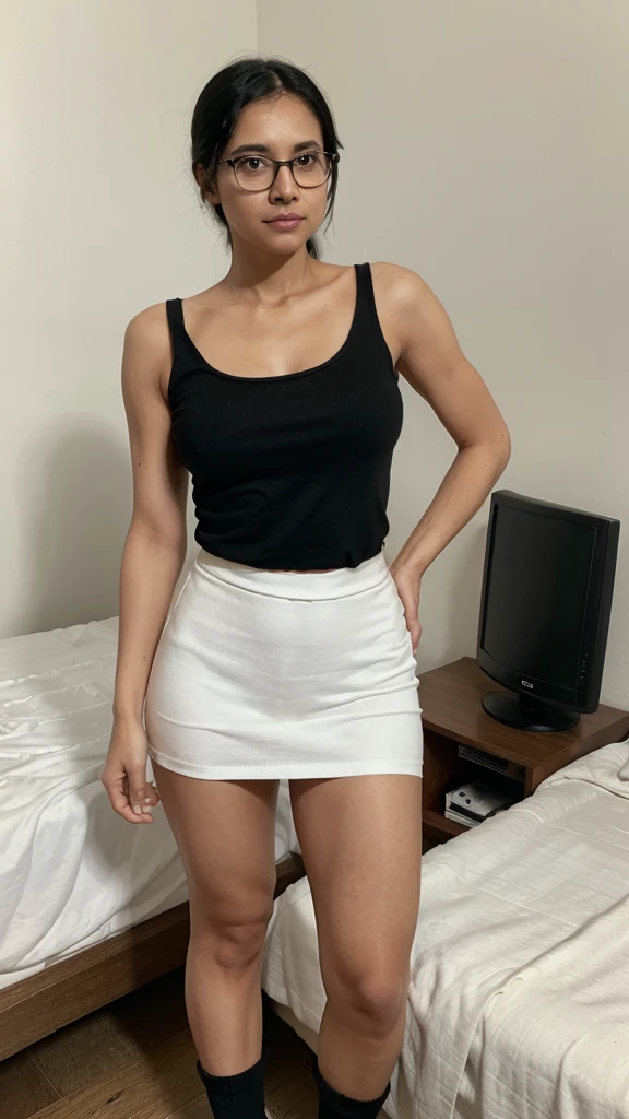 a 33-year-old woman, Mexican, white skin, medium black hair, brown eyes, with glasses, slim body, , dressed in a low-cut black blouse, medium white skirt, long black socks, standing in her room