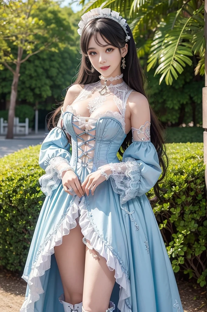 sexy stylish female model, only 1 female, ((doll-like appearance)), ((ultra detailed Victorian-Style boots)), (big smile), ultra detailed eyes, lipgloss, long lashes, defined eyebrows, ((sexy Paradise Kiss cosplay)), bell-shaped skirt, petticoats, high neckline, puffed sleeves, (( ultra detailed lace)), ((ultra detailed embroidery)), intricate details, Paradise Kiss accessoires and matching headpiece, choker, ((large sparkling Paradise Kiss jewelry)), cinematic light, detailed large park background with trees
