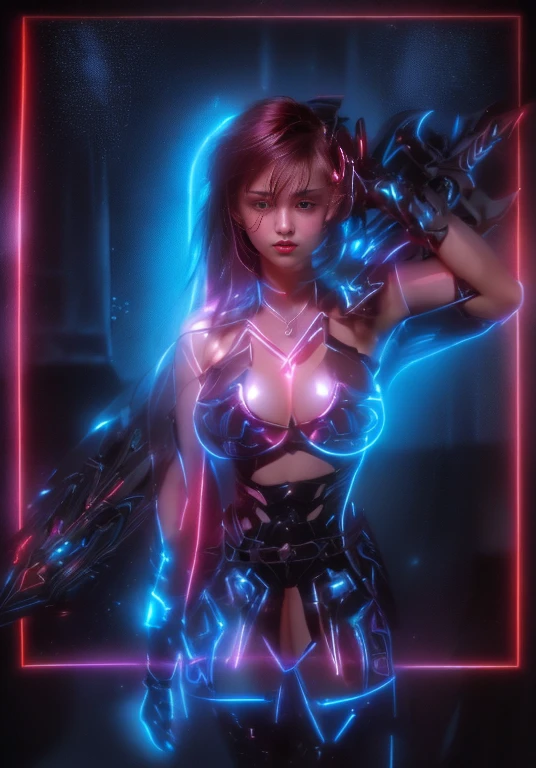 a ultra beautiful girl, with a black techno fantasy armor and a great sword in the back, cute, 12k, uhd, photorealistic, red neon lights decourations, black short hairs, ((european race)), (ultra beautiful gorgeous realistic), naked belly and (naked arms)