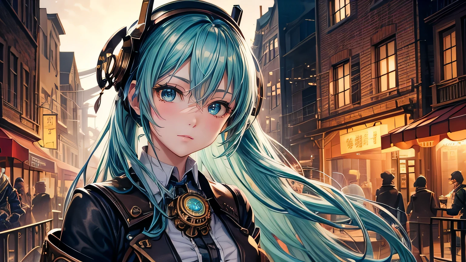 steampunk,Steampunk costume,steampunk gadgets,Hatsune Miku,Blue glowing moon,City of Steam,Medieval streetscape,Taisho Romance,fog,Ultra-high resolution, Accurate, Super detailed, Textured skin, High detail, highest quality, 8k,Thin bangs, Detailed Hair,Focus on the face,