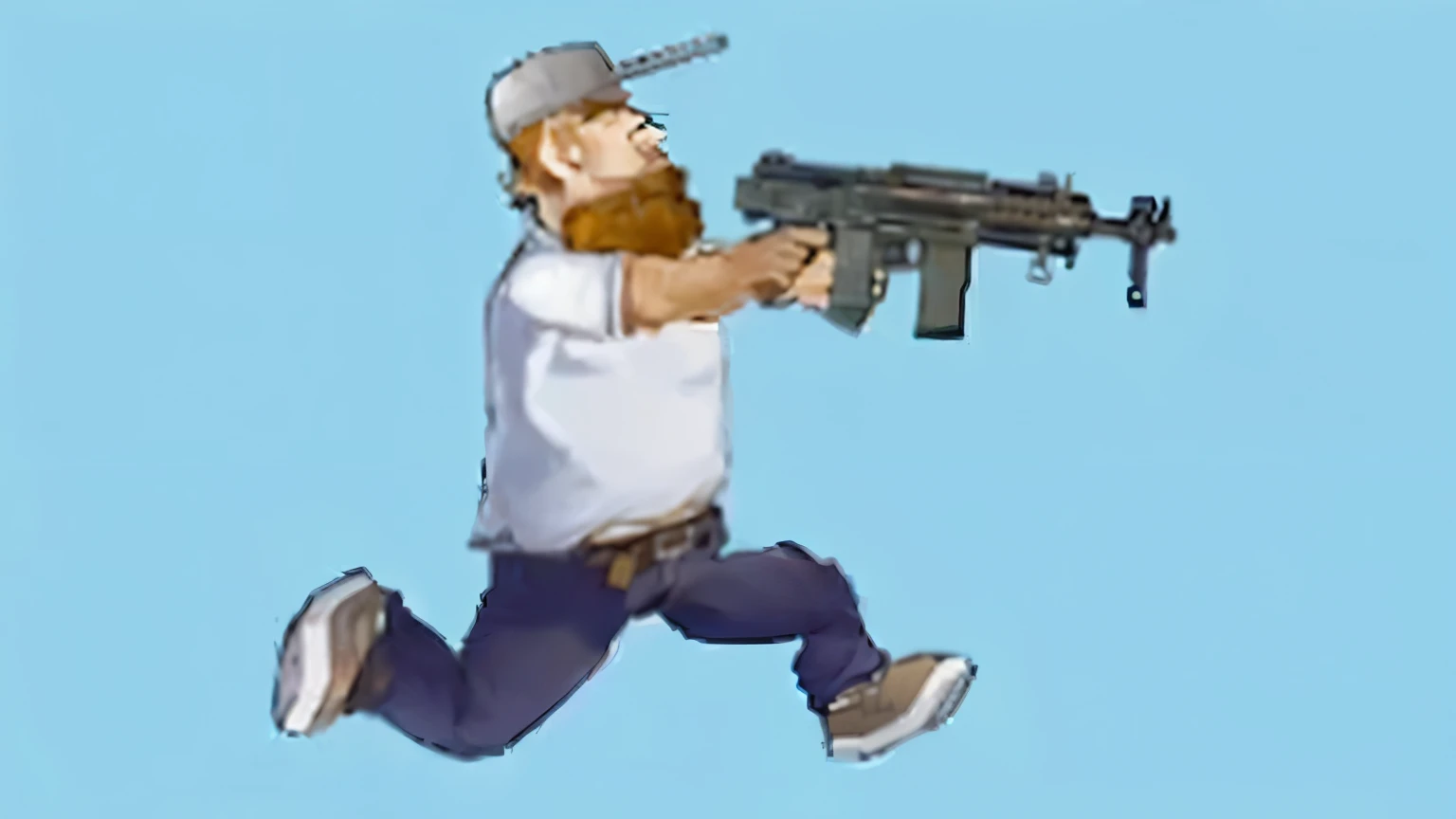cartoon of a man with a gun running in the air, holding shotgun down, wielding assault rifle, man is carrying a rifle, as the protagonist of gta 5, carrying a gun, 3rd person shooter, carrying a rifle, dramatic wielding gun pose, carrying guns, as a fortnite character, gta character, he has a pistol!!, heavy weapons guy