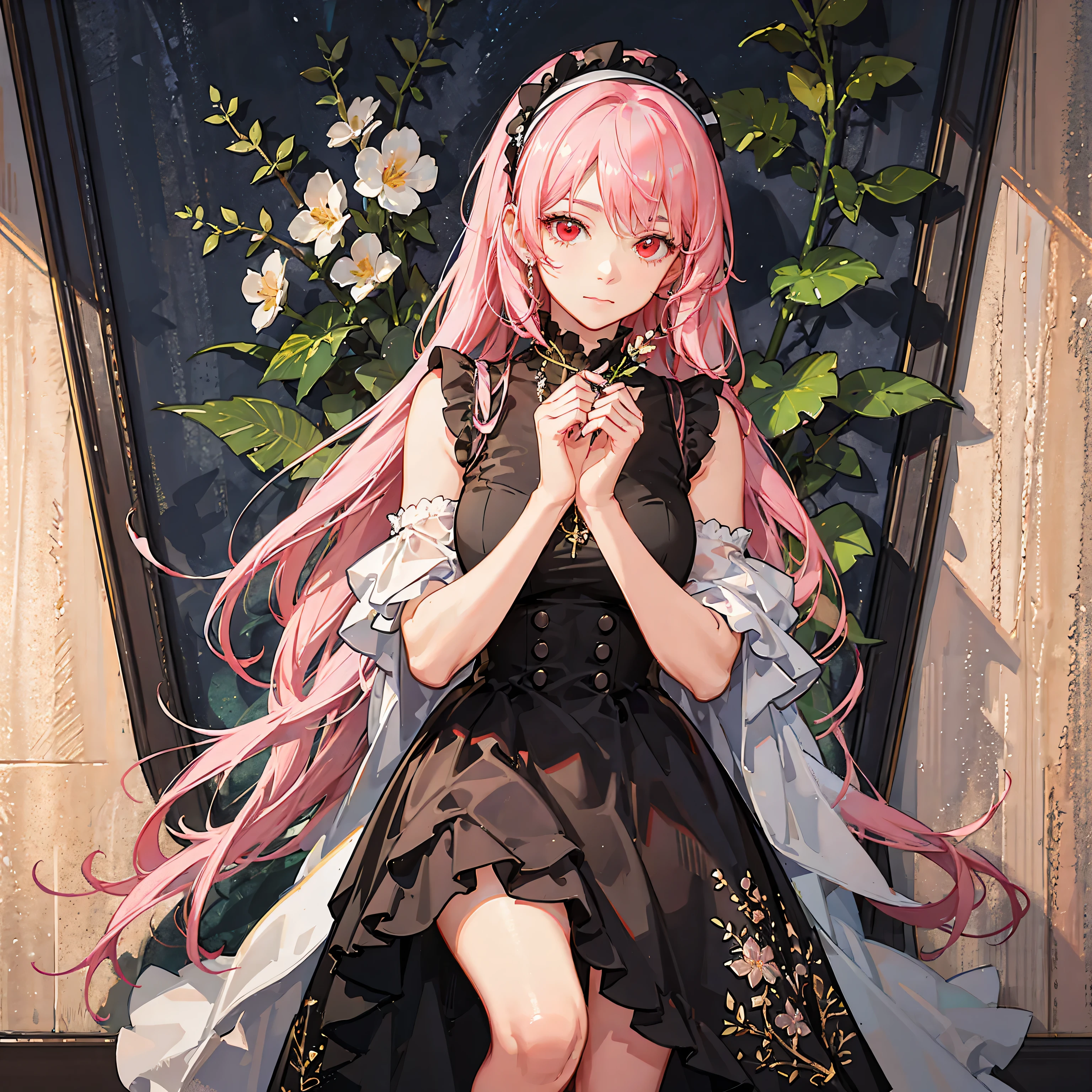 A beautiful 18-year-old girl with pink hair and red eyes, wearing a white headband, holding a book in one hand, surrounded by flowers, standing in a sunny forest scene, with a serene expression, highly detailed portrait, extremely detailed face, eyes, hands and feet, wearing a pink Lolita dress and black Mary Jane shoes, alone, (best quality,4k,8k,highres,masterpiece:1.2),ultra-detailed,(realistic,photorealistic,photo-realistic:1.37),HDR,UHD,studio lighting,ultra-fine painting,sharp focus,physically-based rendering,extreme detail description,professional,vivid colors,bokeh,portraits