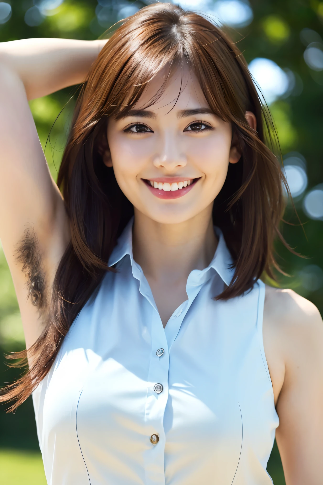 (Tabletop、highest quality、8k、Award-winning works、Ultra-high resolution)、One beautiful woman、(The most elegant sleeveless button-up collared blouse made from polyester.:1.5)、(White sleeveless polyester blouse:1.3)、Exactly、(Bare arms:1.1)、(Show one armpit:1.1)、(Exposing hairy armpits:1.6)、(The perfect and most realistic bristly armpit hair:1.3)、(Very long and thick armpit hair:1.6)、(A large amount of long armpit hair is visible:1.6)、(very bright and vivid:1.1)、(Very bright and beautiful skin:1.1)、(Voluptuous body:1.2)、(Very large breasts:1.2)、(Accentuate your body lines:1.1)、wood々Beautiful sunlight shining through the gaps、Spectacular Cinema Lighting、Strongly blurred background of a large park、(Accurate anatomy:1.2)、Ultra HD Hair、Ultra-high resolutionの完璧な美しい歯、Ultra-high definition beauty face、Ultra HD Hair、Ultra-high definition sparkling eyes、輝くUltra-high resolutionの美肌、Ultra-high resolutionの艶やかな唇、Spectacular Cinema Lighting、Most romantic、Biggest Smile、(Face close-up:1.8)、(Close-up of face:1.2)