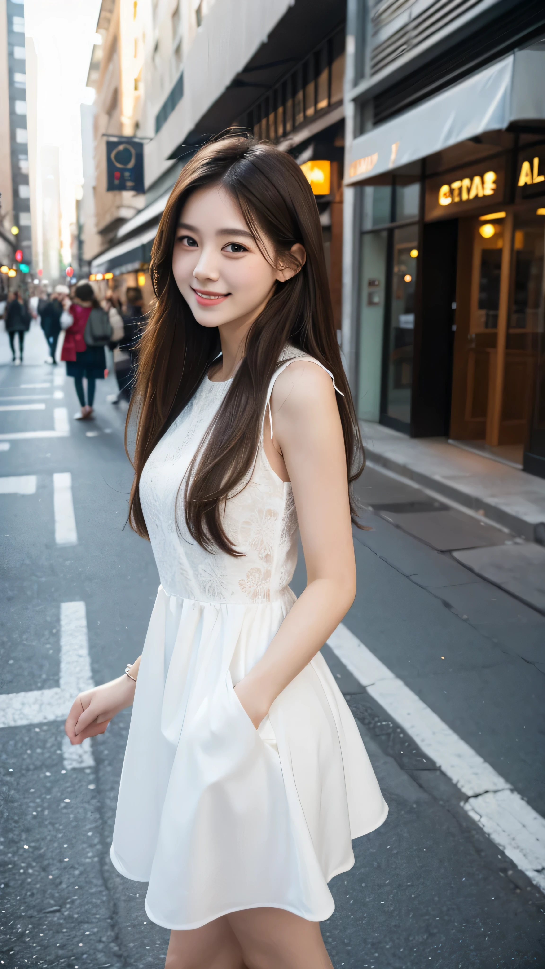 1girl, 25years old, white skin, cute, smile, long hair, brown hair, white dress, street city