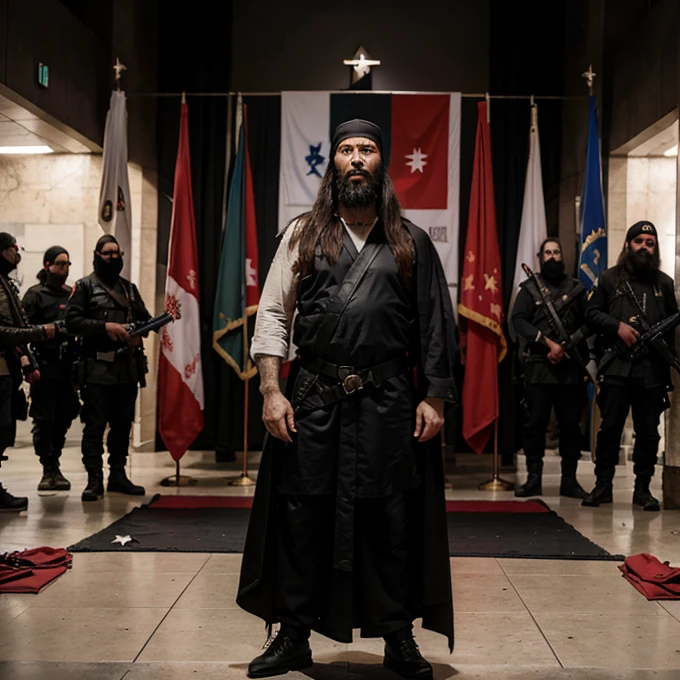 Jesus Christ with a black robe and a red belt, the flag of Israel behind him with an AK47 and vests with bombs that also explode bathrooms and shoot the guards of the Palestinian embassy Jesus Christ with a big beard of a terrorist Jesus Christ with the flag of Israel behind him while the snakes dance, that is, the cobras have a vest with bombs while a soldier falls dead and sins do not exist, they made you for a little woman with their apostles, they are also terrorists, they with a box of bombs