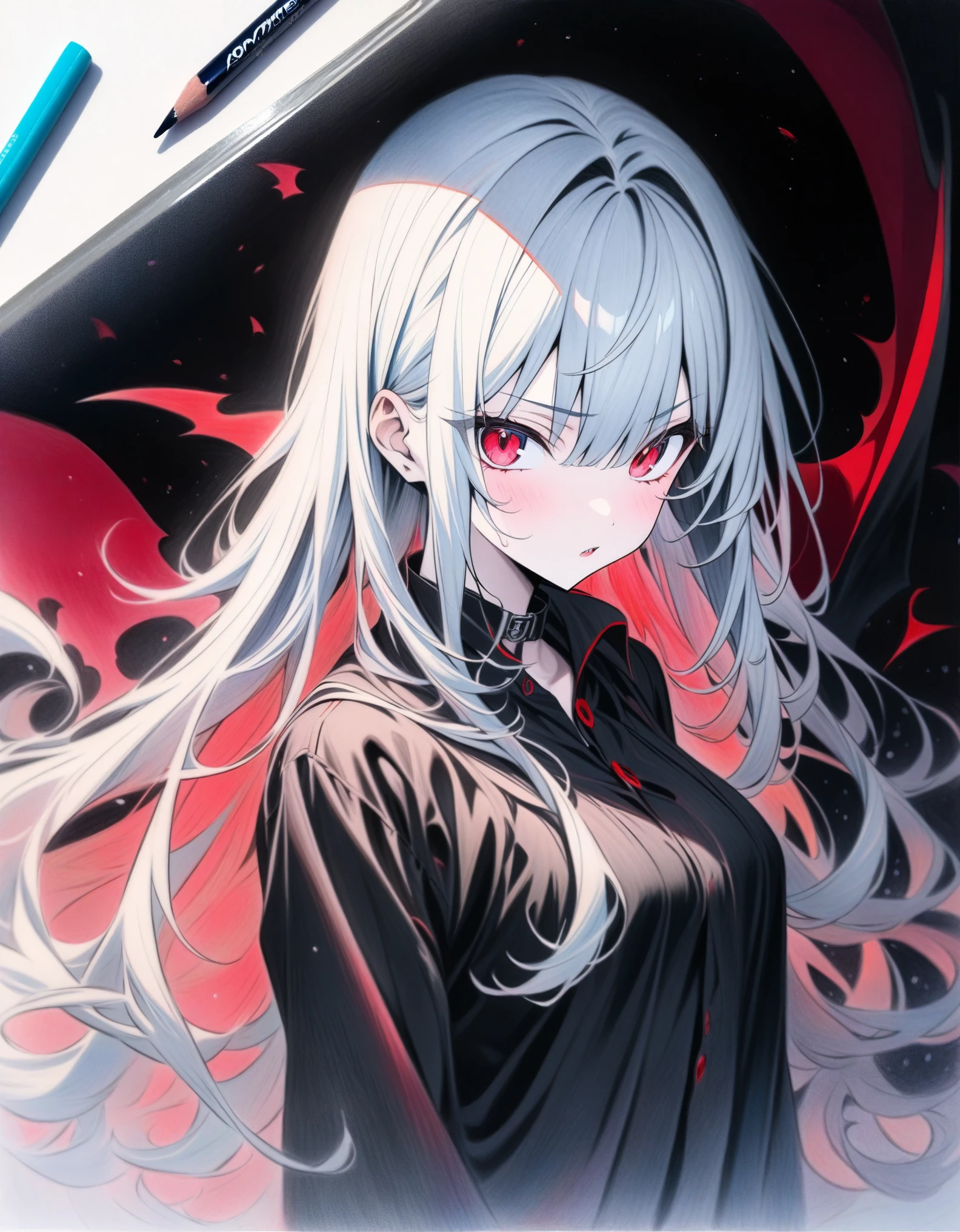 ((style:colored pencil,Pale colors)),(anime)、(masterpiece:1.2),vampire、Blonde、Red eyes、Red and black contrast、cool、Black clothes、Light production