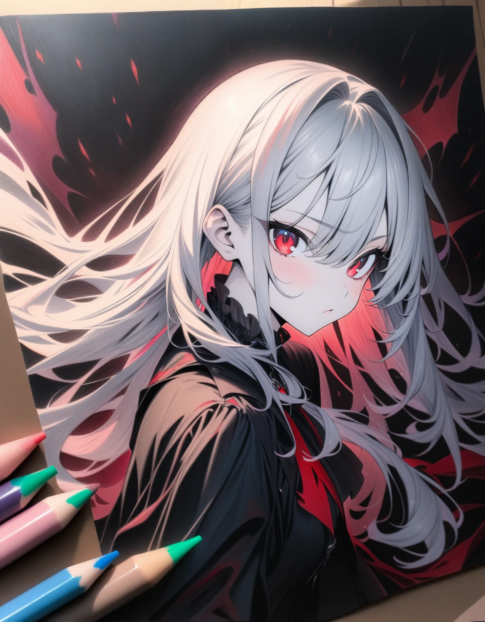 ((style:colored pencil,Pale colors)),(anime)、(masterpiece:1.2),vampire、Blonde、Red eyes、Red and black contrast、cool、Black clothes、Light production