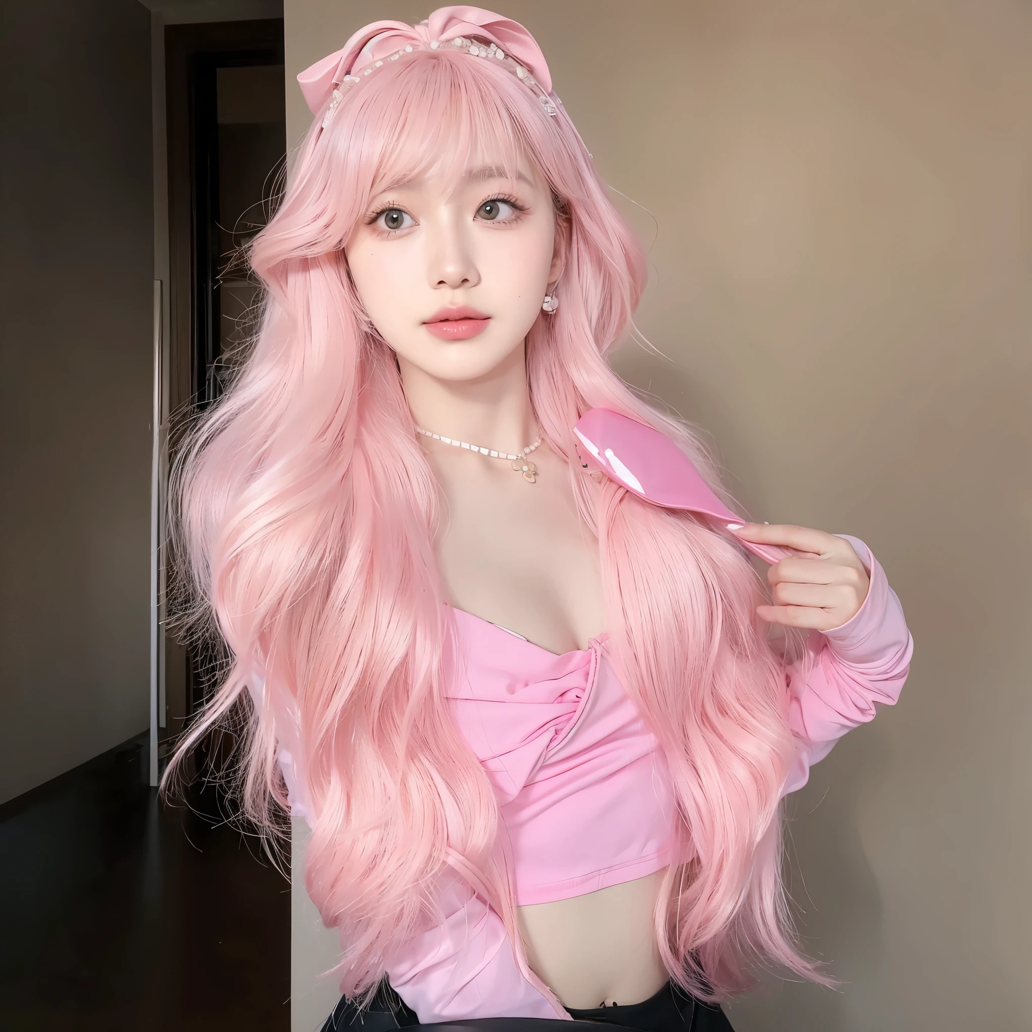 Cherry Blossom Pink Long Curly Hair Natural and Beautiful,The background is simple and clean,The characters are beautiful