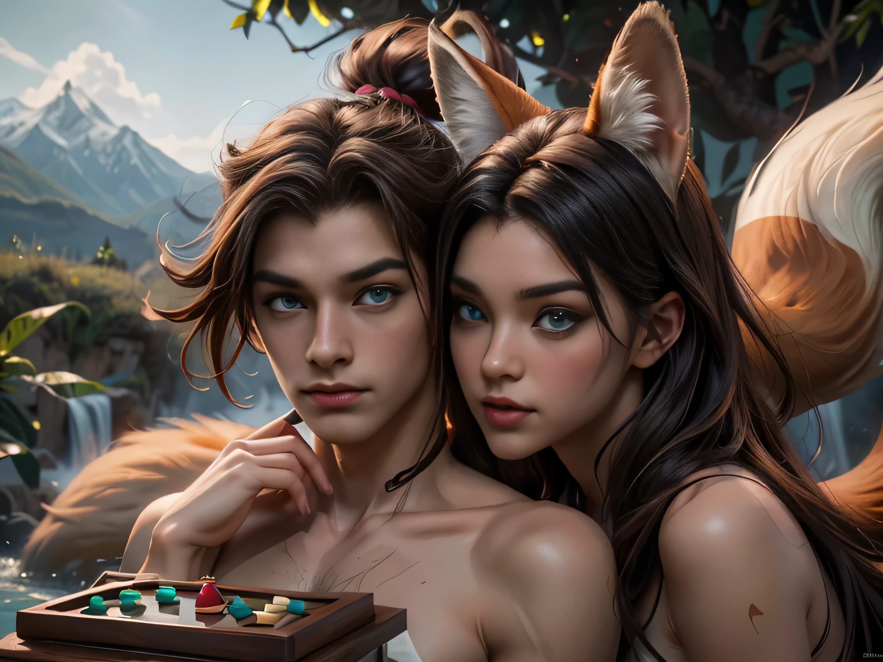 (Best quality, 8K, masterpiece, HDR, soft lighting, perfect image, realistic, Bright), a guy and a fox girl play Go against the backdrop of a mountain waterfall, landscape with a mountain waterfall in the background, sitting foxes guy and girl behind a goban (Go board), [(handsome man, he has beautiful blue eyes and a kind smile, black hair,  torso with developed body, (Beautiful fox girl with green eyes, red hair, innocent expression)], (Fantasy ultra high quality art, latest fantasy), masterpiece, Ultra high quality male and female character designs, anime art with 8k development, realistic anime art, wallpaper illustrations of the highest quality, complex ultra high quality accurate faces of male and female characters, high quality design and precision physics (ultra high quality fantasy style)), art, dark fantasy)) Style), Masterpieceы, super quality characters, resolution anime - 8k, realistic anime art, highest quality wallpaper illustration, Ultra-high facial detail, high-quality design and physics accuracy), by color, depth of field, to the shadows, ray tracing, high quality and production of computer wallpapers in 8K resolution. (Accurate simulation of the interight and material)], [Carefully detailed hair [Read more about beautiful and shiny hair]], (Perfectly detailed hands [perfect fingers [Beautiful nails]], (perfect anatomy (perfect proportions)) [[ Look at full growth]], [Ideal color coordination (Accurate simulation of the interaction of lterial)], [art, conveying the meaning of history], [game in Go]