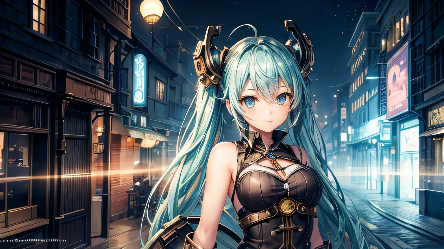 steampunk,Steampunk costume,steampunk gadgets,Hatsune Miku,Blue glowing moon,City of Steam,Medieval streetscape,fog,gear,Steam Clock,Ultra-high resolution, Accurate, Super detailed, Textured skin, High detail, highest quality, 8k,Thin bangs, Detailed Hair,Focus on the face,