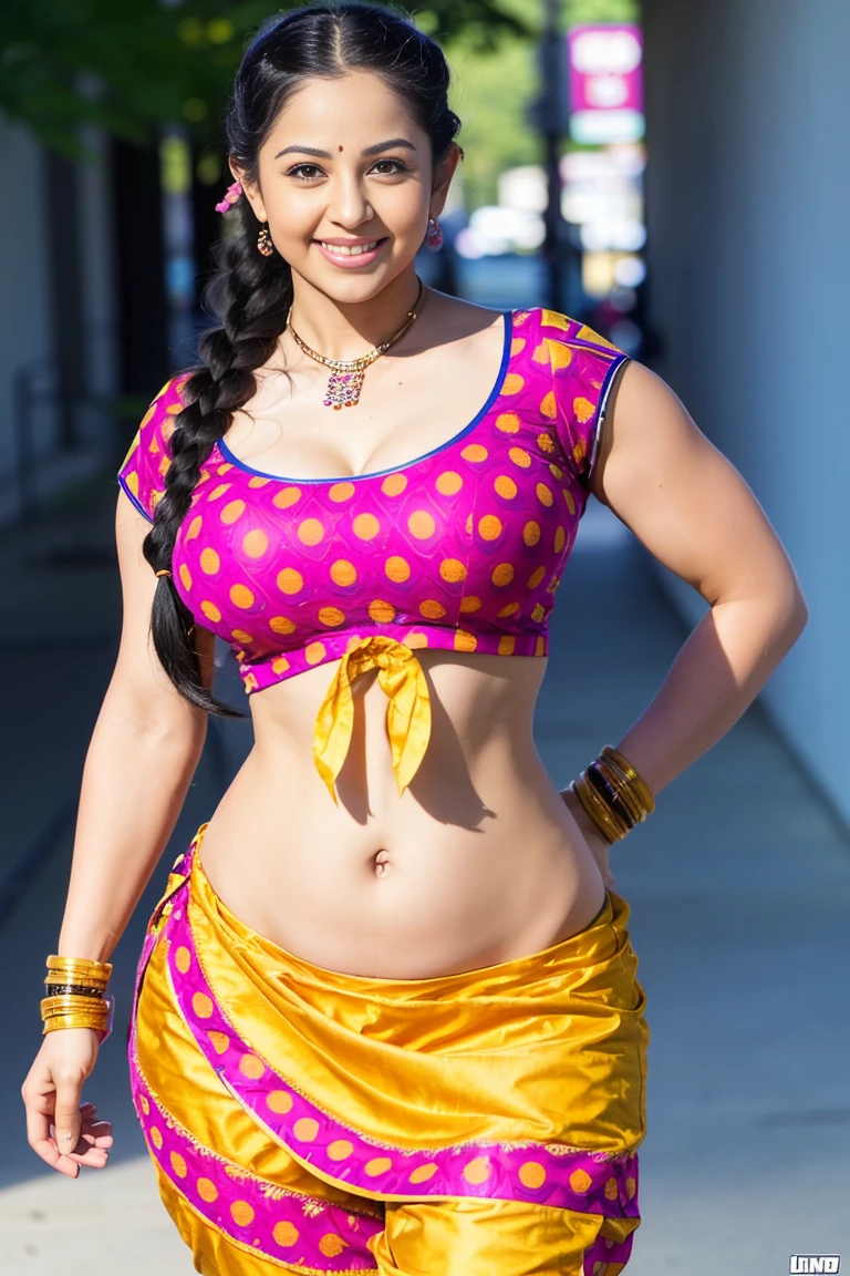 HD wallpaper 32k cinematic shoot of a Beautiful cute muscular girl, with thick thighs and a curvy waist, twin braids,  wearing an Indian blouse top, horny, seductively, in a school corridor, dotted blouse top, smiling, ((long curvy waist)), ((lowwaist)), ((curvy waist)), ((muscular body)), ((gym body)), ((big Body))