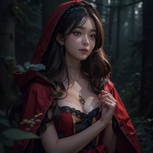 Standing in the forest、Hair flow、 ((highest quality、masterpiece、8k、Best image quality、Ultra-high resolution、Award-winning works)、(Accurate anatomy:1.1)、(Look at me and smile:1.1)、Shining fair skin with Ultra-high resolution、The most detailed face、Ultra-high resolution detailed face、Ultra-high resolutionの髪の毛、(Ultra-high resolution eye:1.1)、Beautiful face drawn in every detail、little red riding hood Costume , Chest to chest, Strange atmosphere, A real werewolf stares at her.., Dark Light, in the forest , Heavy makeup