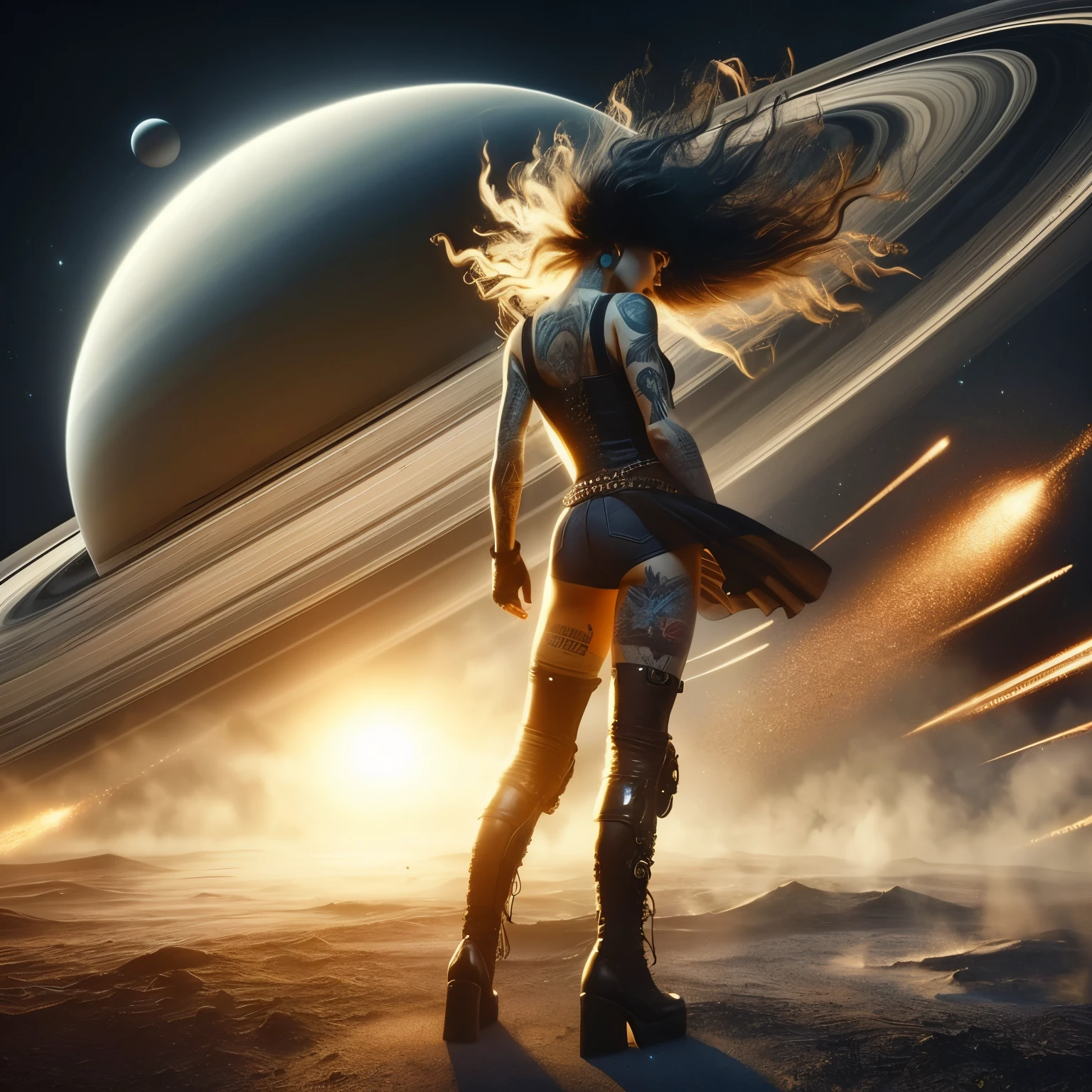 Tall Tough tattooed biker chick with two strong legs dancing on Saturn's moon Calisto, looking like a creation that could actually survive there, skirt dress touches ground, magic, art, wind, wind blown, spark, lightshow, fireflies, dust at her feet, extreme brightness, extreme dark shadows, watching the rise of the distant Sun, with Saturn fully visible in the foreground, 36k resolution Kodak professional photography, hyperdetailed, Waiting to start