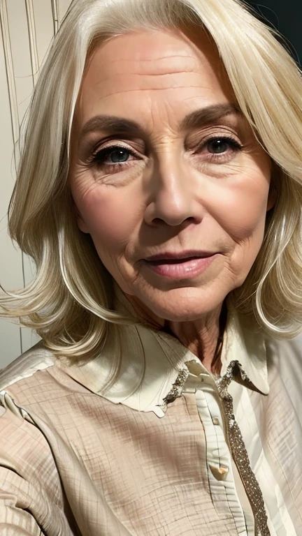 One white mature woman、(((60 years old))),、(((Face that reached climax)))、Well-formed face、Realistic facial wrinkles、View Viewer、Blonde、Medium Hair、Wavey Hair、Bust up photo、Dress Suits