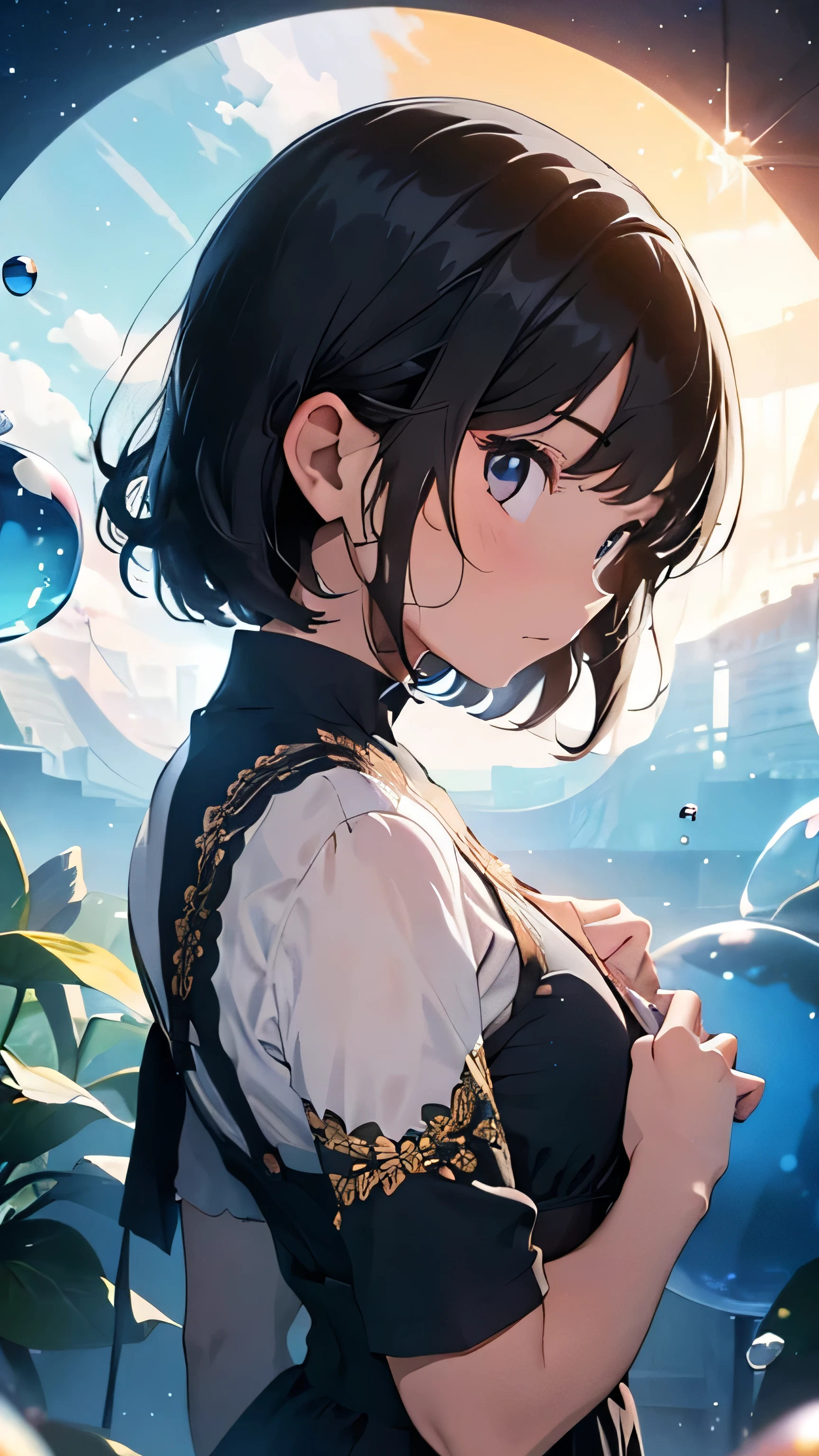 Girl with short black hair,Back view, Lots of colorful bubbles,Lots of sparkling, A small universe inside a bubble, Crystals in the bubbles,plant,blue,Spend time at the beach,masterpiece,4K