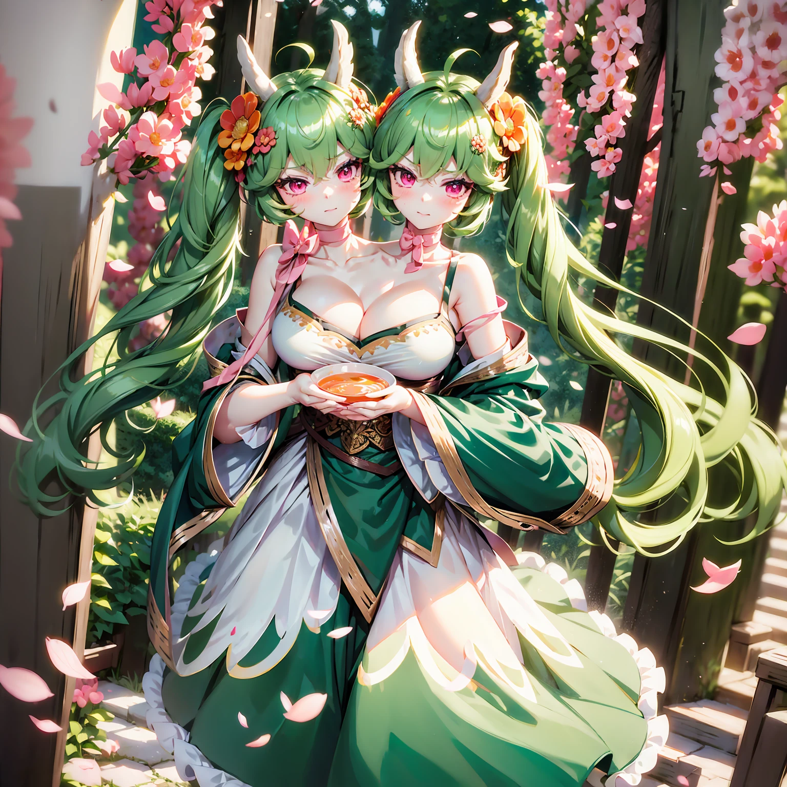 masterpiece,best quality,best resolusion,1 girl,2heads,detailed,mayreel character,has two alpaca horns on its head,long green hair tied up,wearing a flower ornament on the head,pink eyes,shy,wearing a maid outfit,normal breasts,brought soup,simple background,beautiful face,beautiful hair,beautiful eyes,beautiful body,beautiful hand 