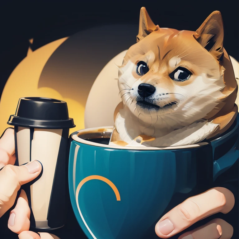 vector art meme, logo for doge, holding a cup of coffe in his hand, meme, funny, humor, simple background