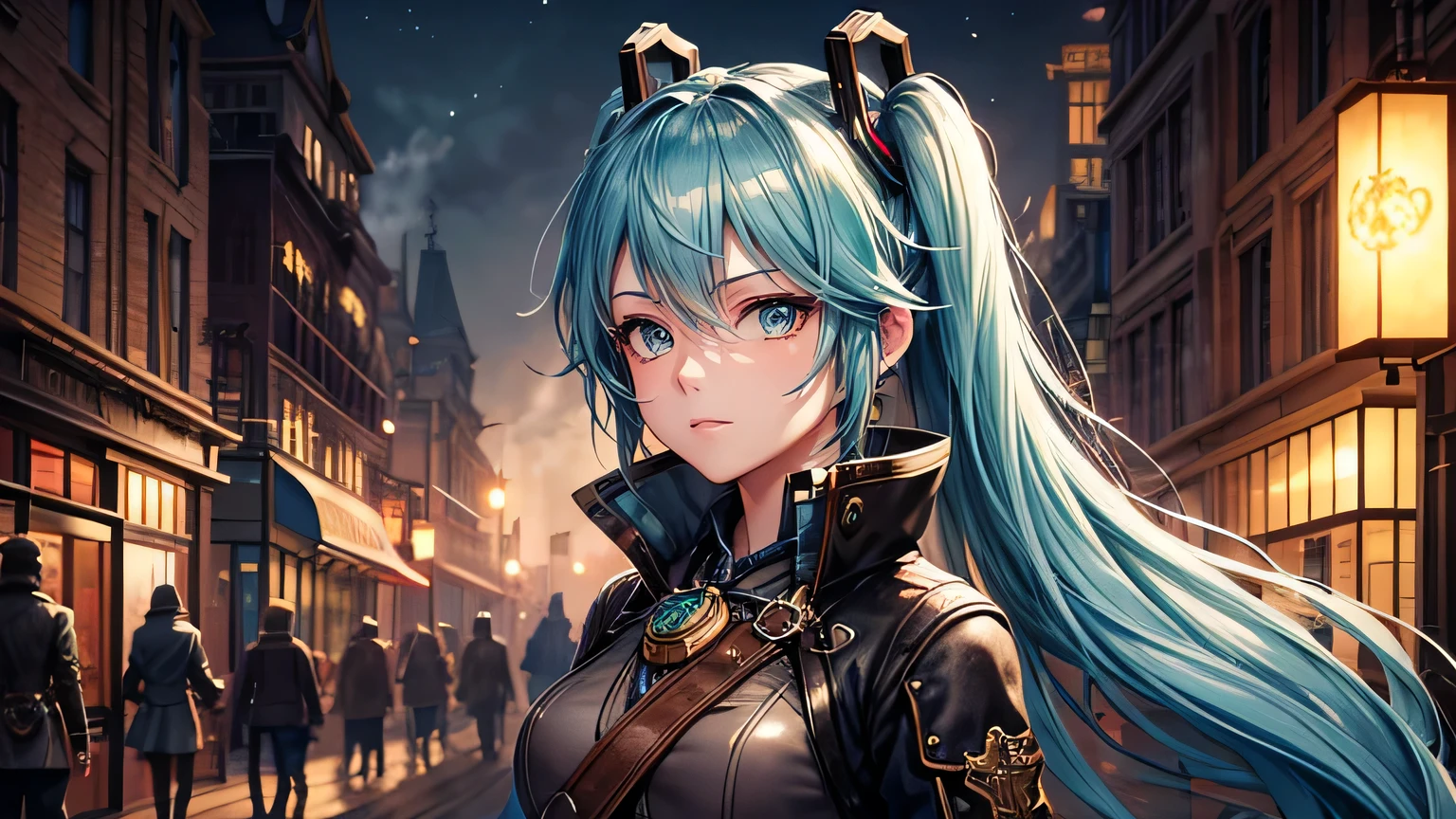 steampunk,Steampunk costume,steampunk gadgets,Hatsune Miku,Blue glowing moon,City of Steam,Medieval streetscape,fog,gear,Steam Clock,Ultra-high resolution, Accurate, Super detailed, Textured skin, High detail, highest quality, 8k,Thin bangs, Detailed Hair,Focus on the face,