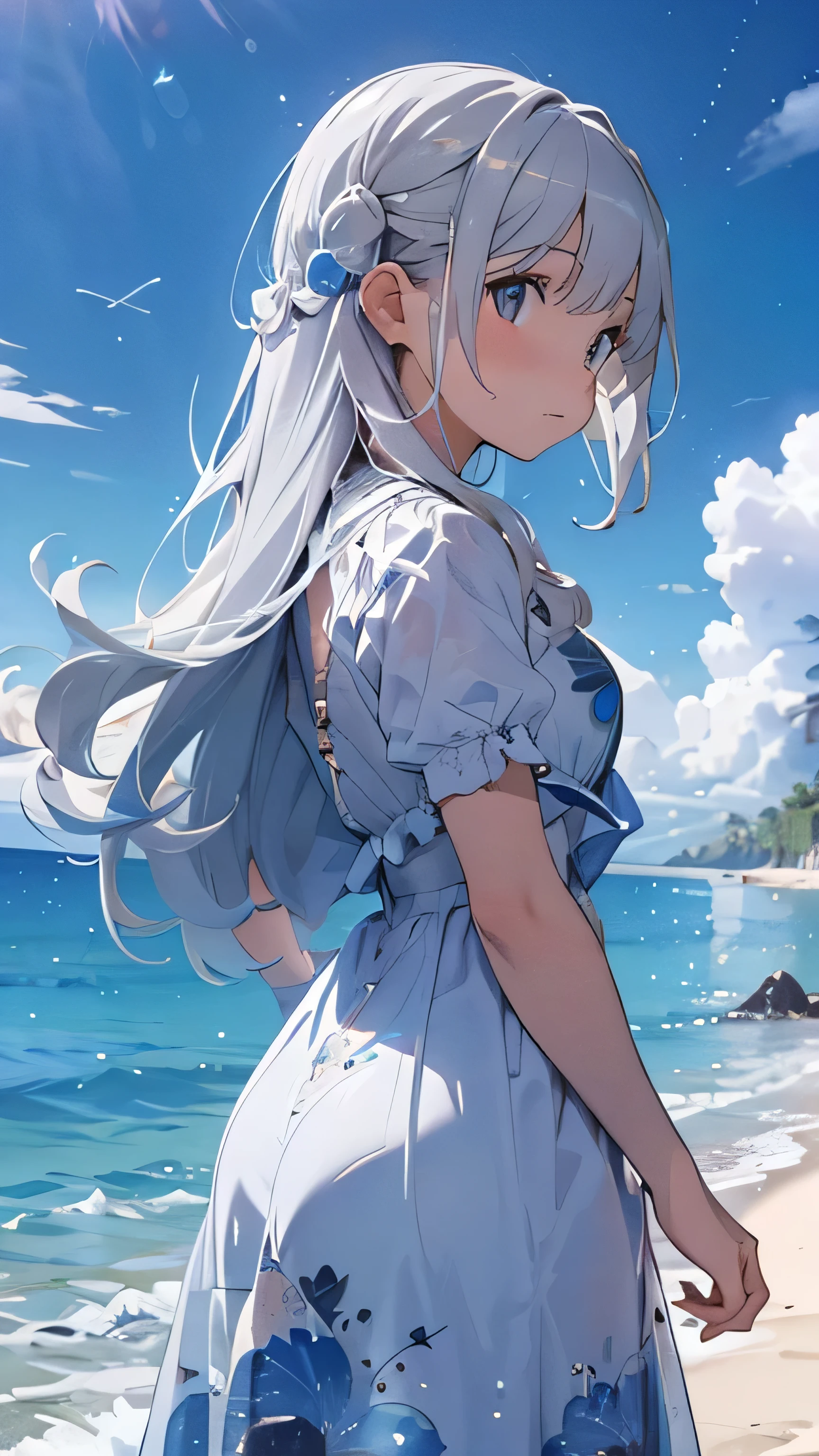 Long silver hair girl,Back view, Many colorful bubbles in the sky,crystal flower, A small universe inside a bubble, Crystals in the bubbles,plant,blue,Spend time at the beach,masterpiece,4K,blue sky,cumulonimbus