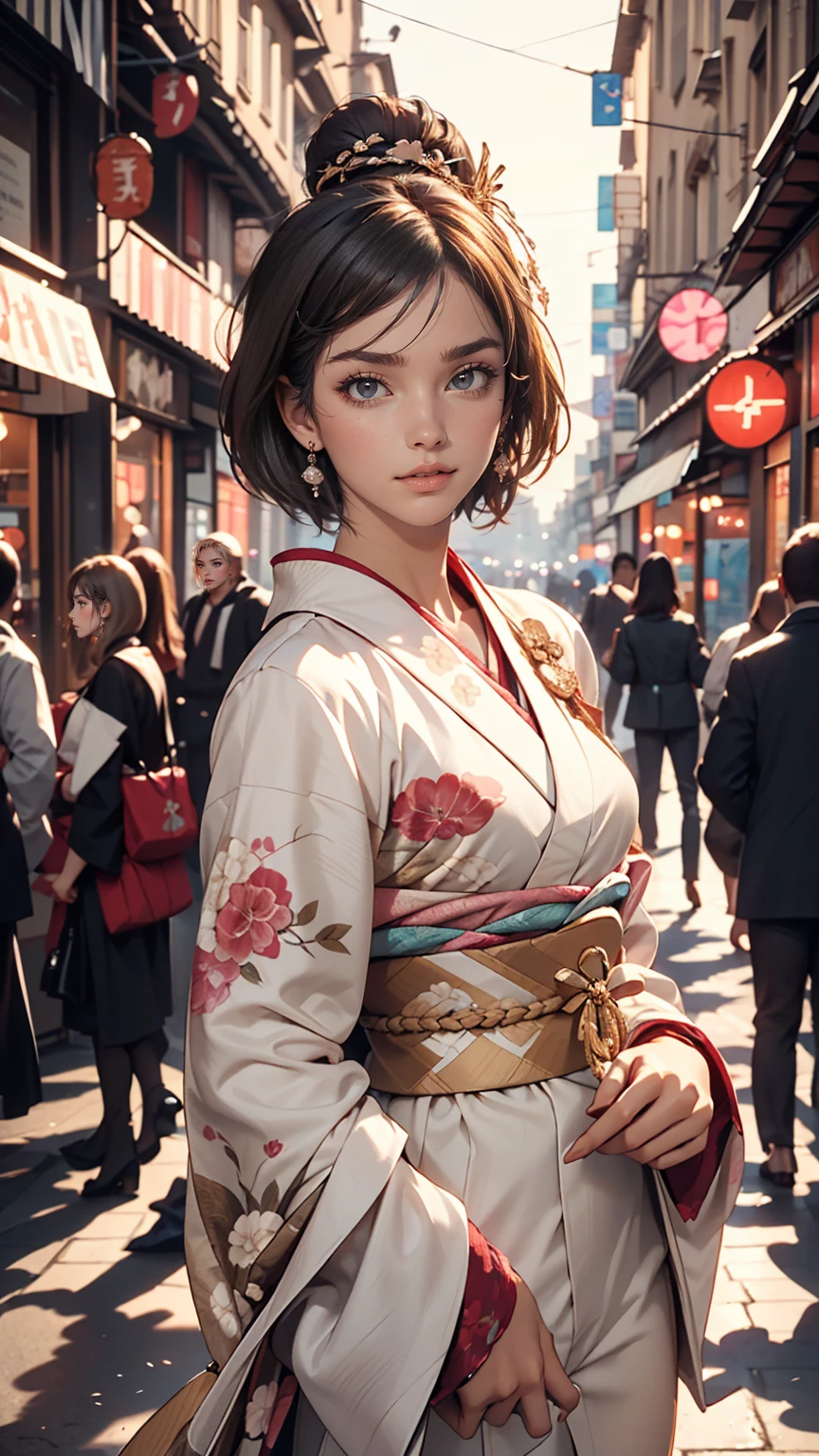 (highest quality, 16k, masterpiece: 1.3)), 1 girl, Sharp focus: 1.2, Beautiful woman with perfect figure: 1.4, Slim Abs: 1.2, (((Short Bob Hair)), ((small: 1.4)), ((Beautiful Face Idol: 1.3)), (Transparent fabric kimono 1.5)), Highly detailed face and skin texture, Fine grain, double eyelid, (((stop temporarily)), (Fascinating)), walk, Paris cityscape, Low - Angle, Shooting from below