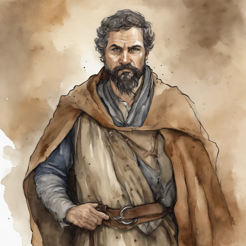 comic style, Taupe Brown theme, A 45 year old man, Medieval European fantasy, Short messy black hair, short scraggly beard, angry man, sunken eyes, pointed nose, Full body, fantasy character travellers clothes, travellers robe, Leather boots, White wall background, artistic drawing