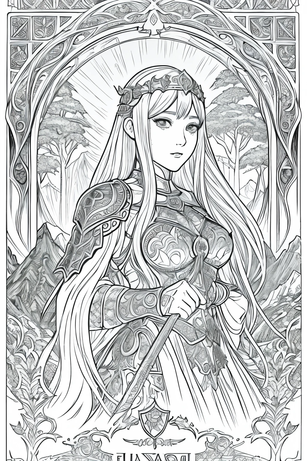 Create a detailed coloring page of a beautiful fantasy girl with long flowing hair. She is dressed in ornate knight armor and holding a large, elegant sword. Her armor should have intricate designs, such as engravings or patterns, and she should have a determined and courageous expression. Include a fantasy background with elements like castles, mountains, or mystical forests to enhance the scene.”