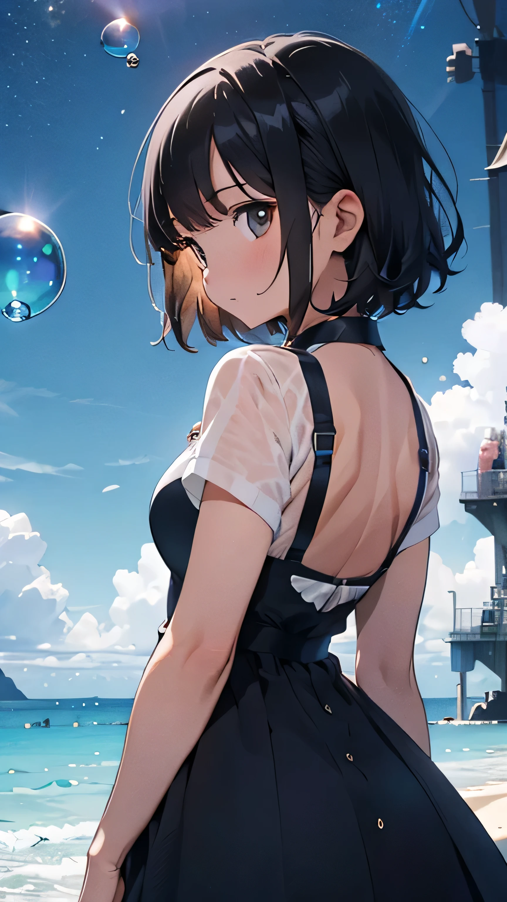 Girl with short black hair，Back view, Lots of colorful bubbles，Lots of sparkling, A small universe inside a bubble, Crystals in the bubbles,plant，blue，Spend time at the beach，masterpiece，4K