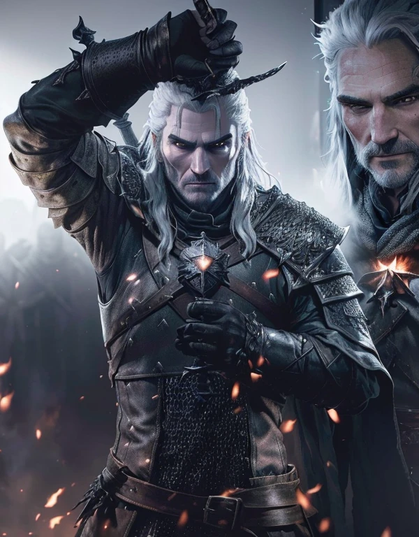 The Witch and the Witch King, Geralt, Geralt of rivia, the 战士 Geralt of rivia in dark souls, portrait of Geralt of rivia, sorcerer)), mario as the sorcerer, henry cavill as Geralt of rivia, keanu reeves as Geralt of rivia