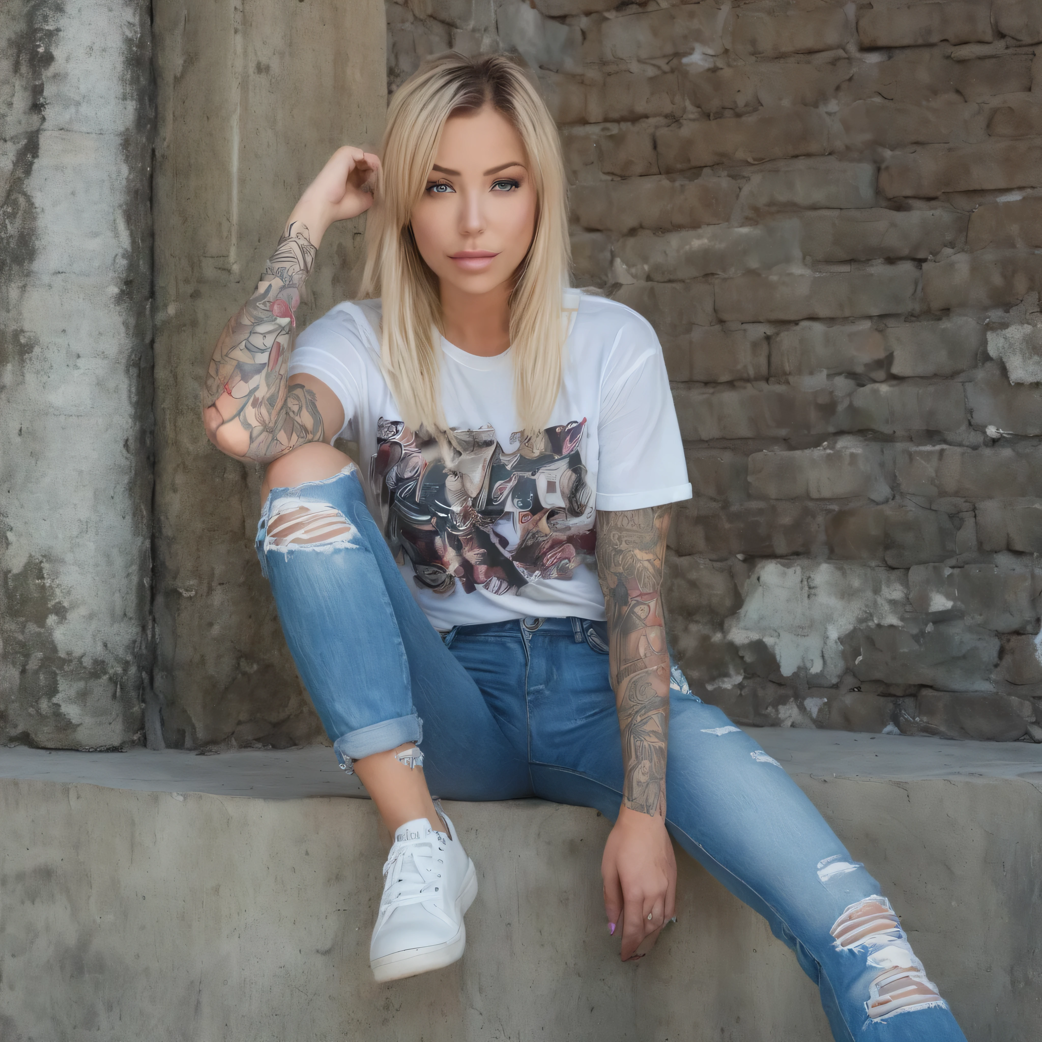 A (MASTERPIECE, BEST QUALITY:1.2), 8K,, full-body image of female laurence bedard (Age 25) dressed in T-shirt and ripped jeans. Extras: perfect-eyes, perfect-lips, stunningly-beautiful, 35mm-raw-photo, dynamic-composition. She has blue eyes and a blonde-dark-roots hair style. And is in a recepton-area. And she is smiling at viewer