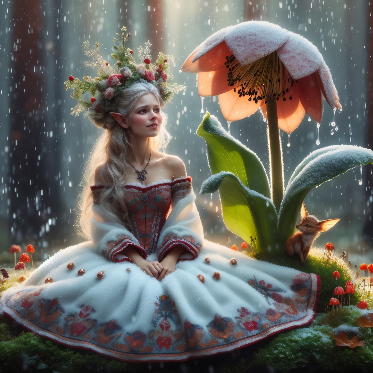 Winter Queen beautiful Swedish lady wearing a gaussian gown made of snow, a diminutive gently crying pixie with tears as big as dew drops sitting in the rain on a leaf covered by moss under a large flower with a hole in it where rain gets in, rainy forest background, tiny flowers, sparkling with dew and rain drops, red orange and yellow colors through dappled sunlight