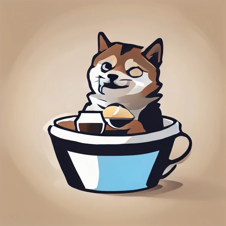 flat vector art logo, logo for doge sitting in a cup of coffe, meme, funny, humor, simple background