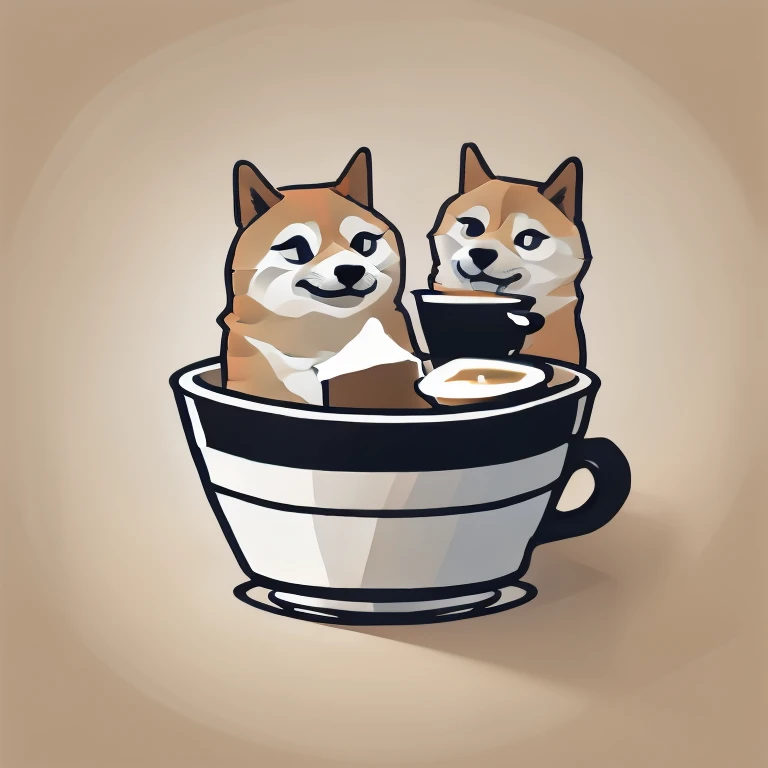 flat vector art logo, logo for doge sitting in a cup of coffe, meme, funny, humor, simple background