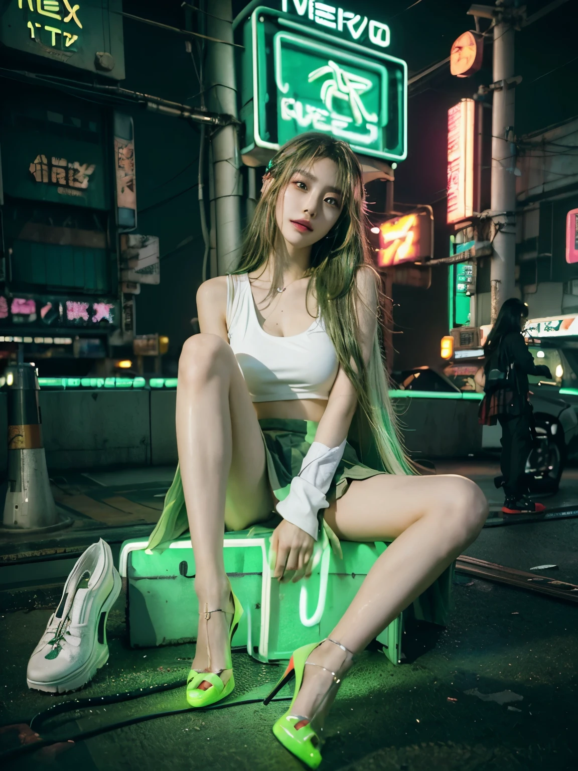 (((cyberpunk world))), (masterpiece, of the highest quality, Best Quality, Official art, Beautiful and aesthetic:1.2), (1 girl:1.4), , medium hair, (green hair:1.4), (highly detailed:1.3), (Colorful:1.5), (mechanical modification:1.3), (high school girl:1.3), white skin, (Fox eyes:1.2), Japanese girl, (neon background:1.4), (neon city:1.75), night, large breasts, (high school uniform:1.5), Glossy lips, Glamorous figure, pleated skirt, tank top, Beautiful collarbone, beautiful thigh, Beautiful legs, barefoot, high-heels, makeup, (cyberpunk:1.4), (looking at viewer:1.3), colossal tits, Detailed skin texture, Detailed cloth texture, smile, open mouth, Beautiful detailed face, Intricate details, Ultra detailed