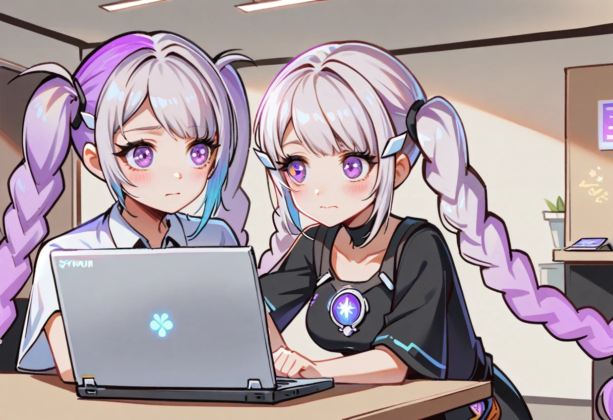 1yj1, 1girl, (((Symmetrical hair accessories, Purple and white gradient double ponytail long hair, Purple Eyes)))，(Double ponytails:1.3)，(A boy is teaching a girl how to operate a laptop:1.6), dream, office, play games, nervous, (Vision:1.5), Anatomically correct, Bright colors, Ultra high saturation, yinji, 