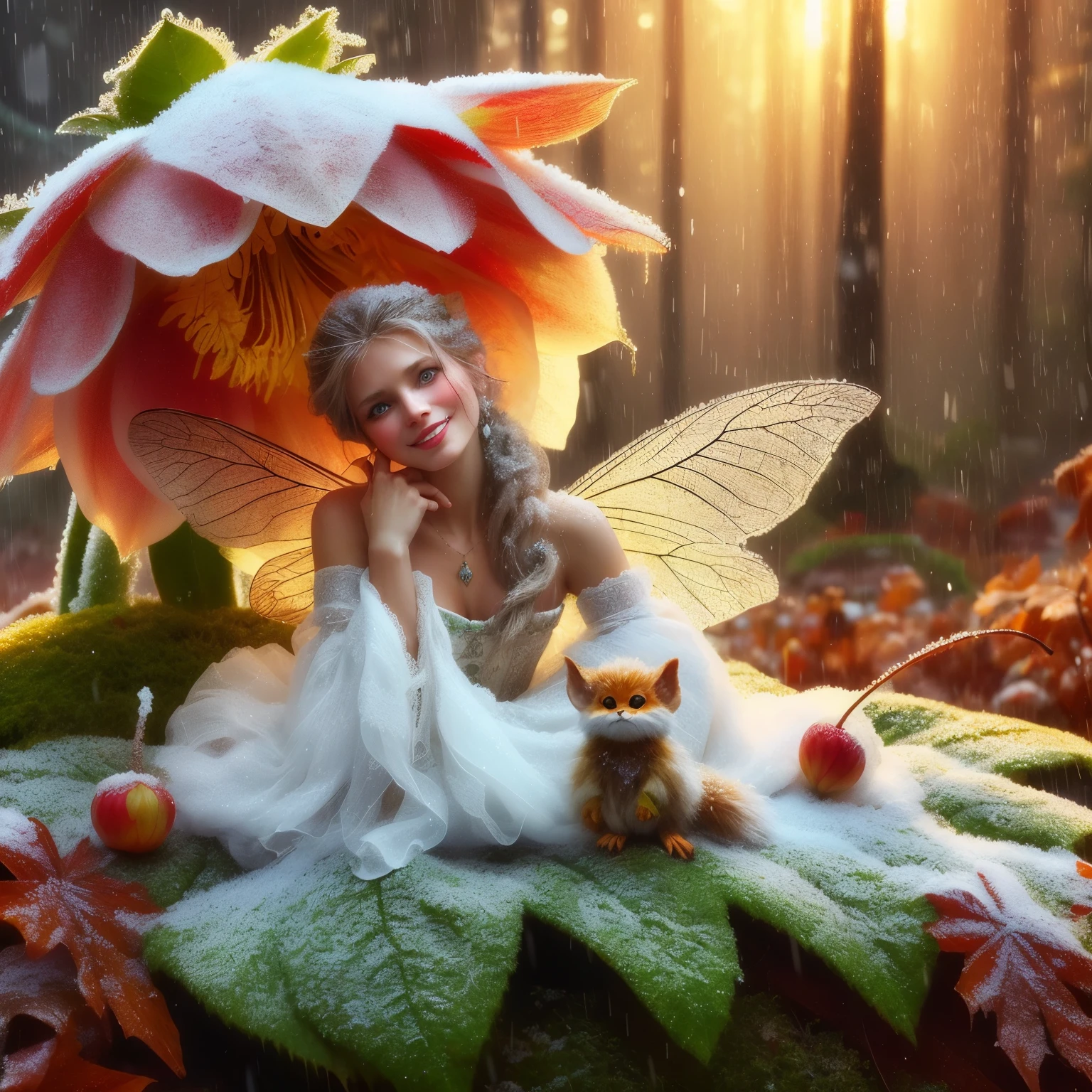 Winter Queen beautiful Swedish lady wearing a gaussian gown made of snow, a diminutive gently crying pixie with tears as big as dew drops sitting in the rain on a leaf covered by moss under a large flower with a hole in it where rain gets in, rainy forest background, tiny flowers, sparkling with dew and rain drops, red orange and yellow colors through dappled sunlight