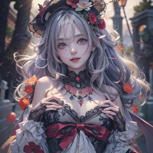Standing in the grave、Hair flow、 ((highest quality、masterpiece、8k、Best image quality、Ultra-high resolution、Award-winning works)、(Accurate anatomy:1.1)、(Look at me and smile:1.1)、Shining fair skin with Ultra-high resolution、The most detailed face、Ultra-high resolution detailed face、Ultra-high resolutionの髪の毛、(Ultra-high resolution eye:1.1)、Beautiful face drawn in every detail、Cheerful clown costume, Chest to chest, Strange atmosphere, Ghosts flow, Dark Light, At the cemetery