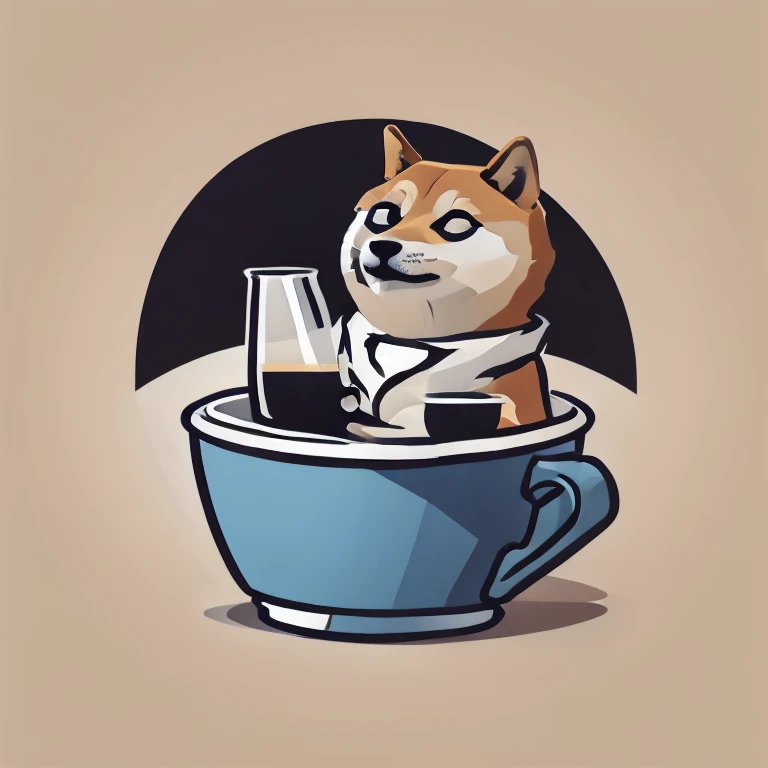 flat vector art logo, logo for doge sitting in a cup of coffe, meme, funny, humor, simple background